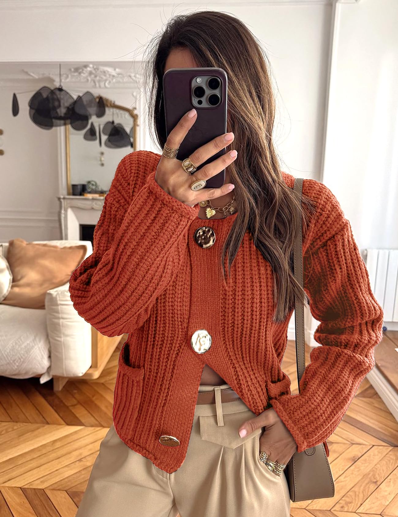 Foto 2 | Jersey Tipo Cárdigan Yimoon Para Mujer, Corto, De Punto Grueso, Rojo Ladrillo - Venta Internacional.