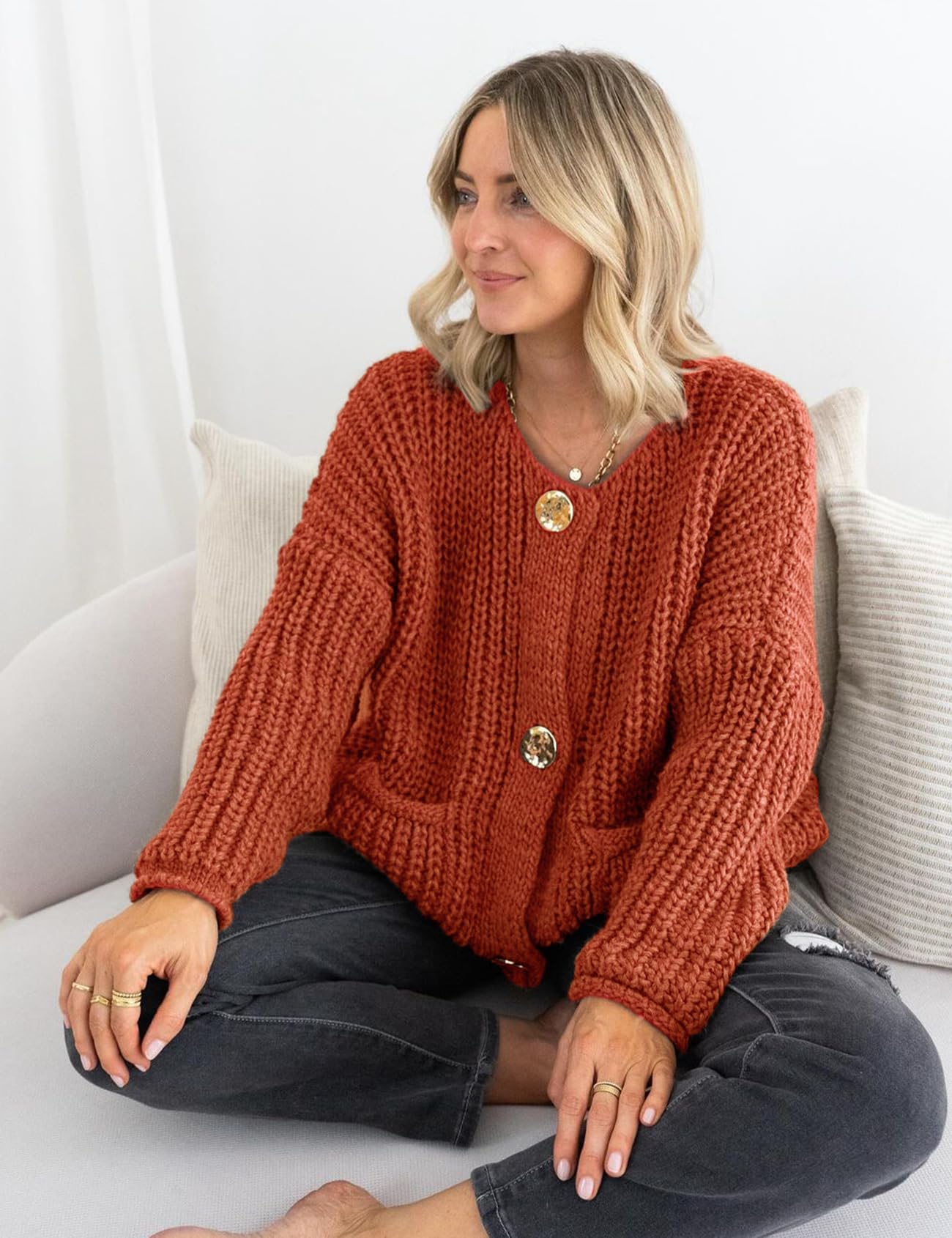 Foto 4 pulgar | Jersey Tipo Cárdigan Yimoon Para Mujer, Corto, De Punto Grueso, Rojo Ladrillo - Venta Internacional.