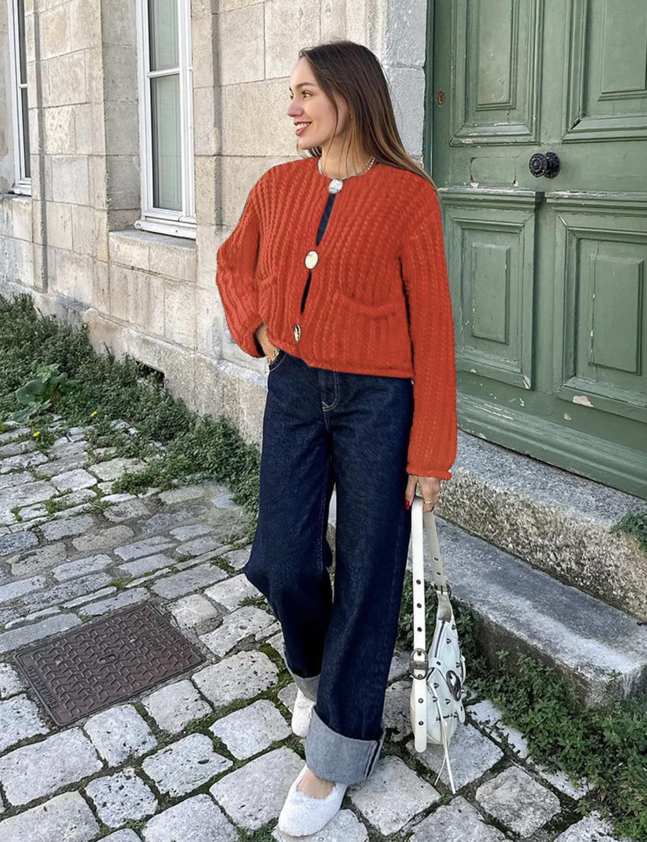 Foto 4 | Jersey Tipo Cárdigan Yimoon Para Mujer, Corto, De Punto Grueso, Rojo Ladrillo - Venta Internacional.