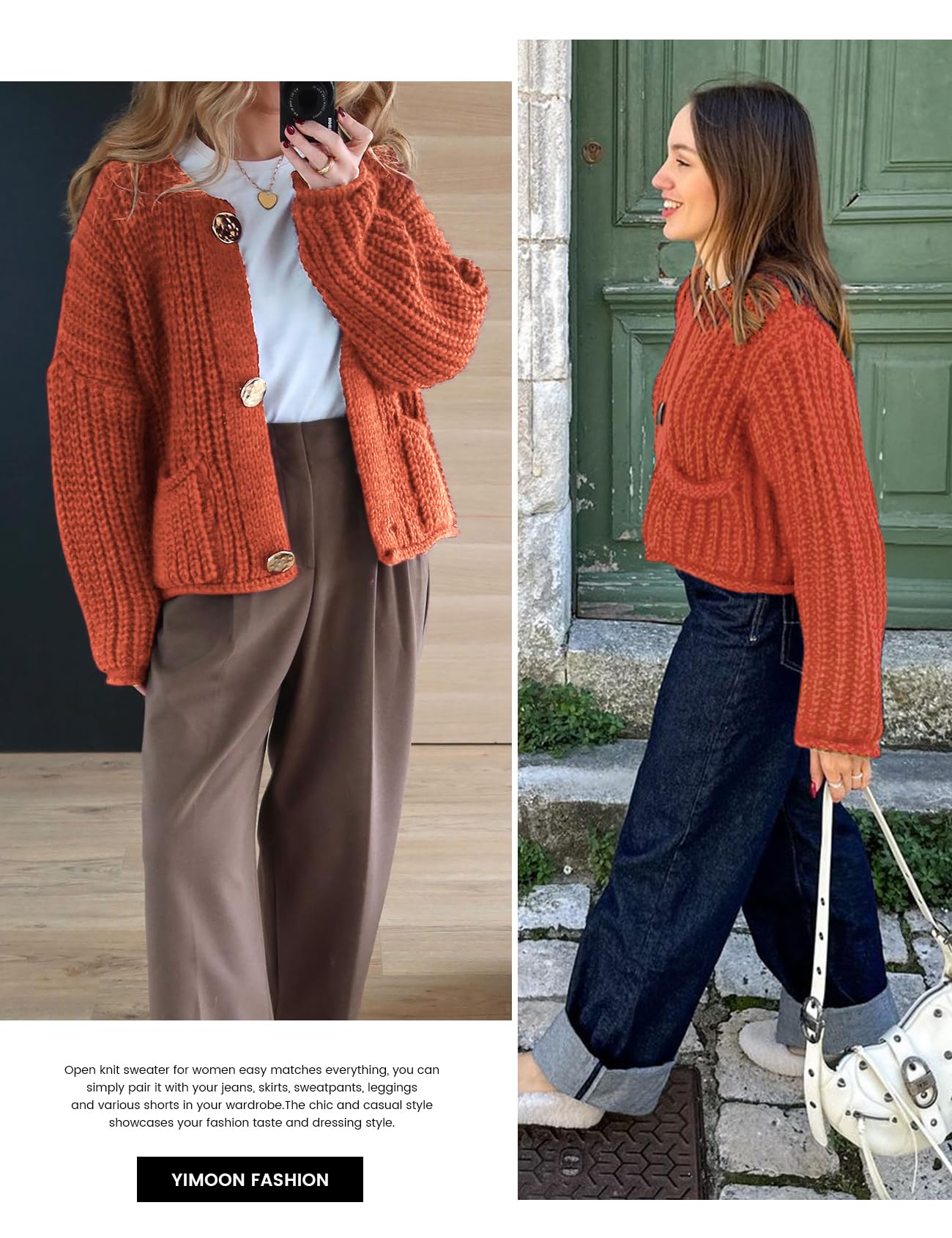 Foto 5 | Jersey Tipo Cárdigan Yimoon Para Mujer, Corto, De Punto Grueso, Rojo Ladrillo - Venta Internacional.