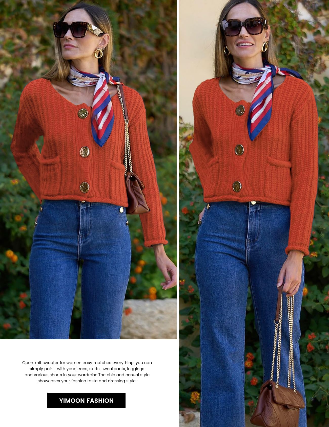 Foto 6 | Jersey Tipo Cárdigan Yimoon Para Mujer, Corto, De Punto Grueso, Rojo Ladrillo - Venta Internacional.