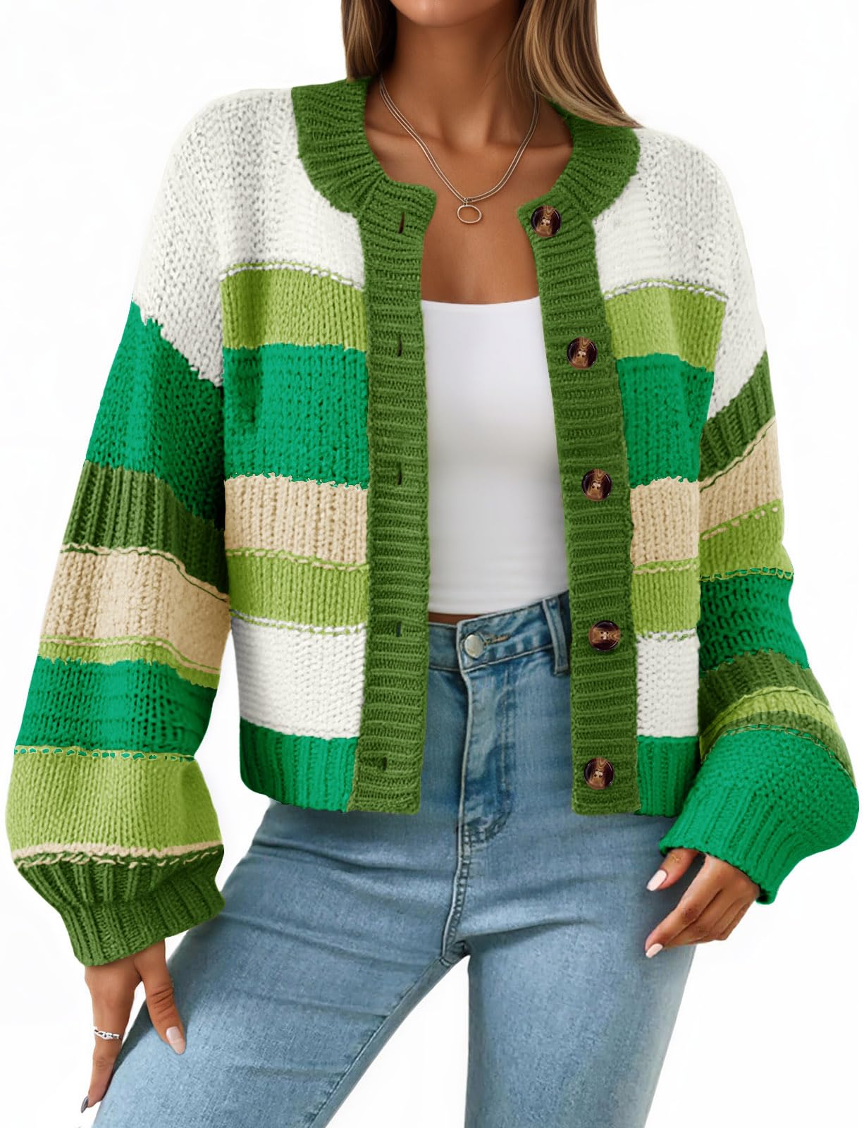 Foto 2 pulgar | Jersey Tipo Cárdigan Saodimallsu Para Mujer  A Rayas  Color Verde Bloque - Venta Internacional.