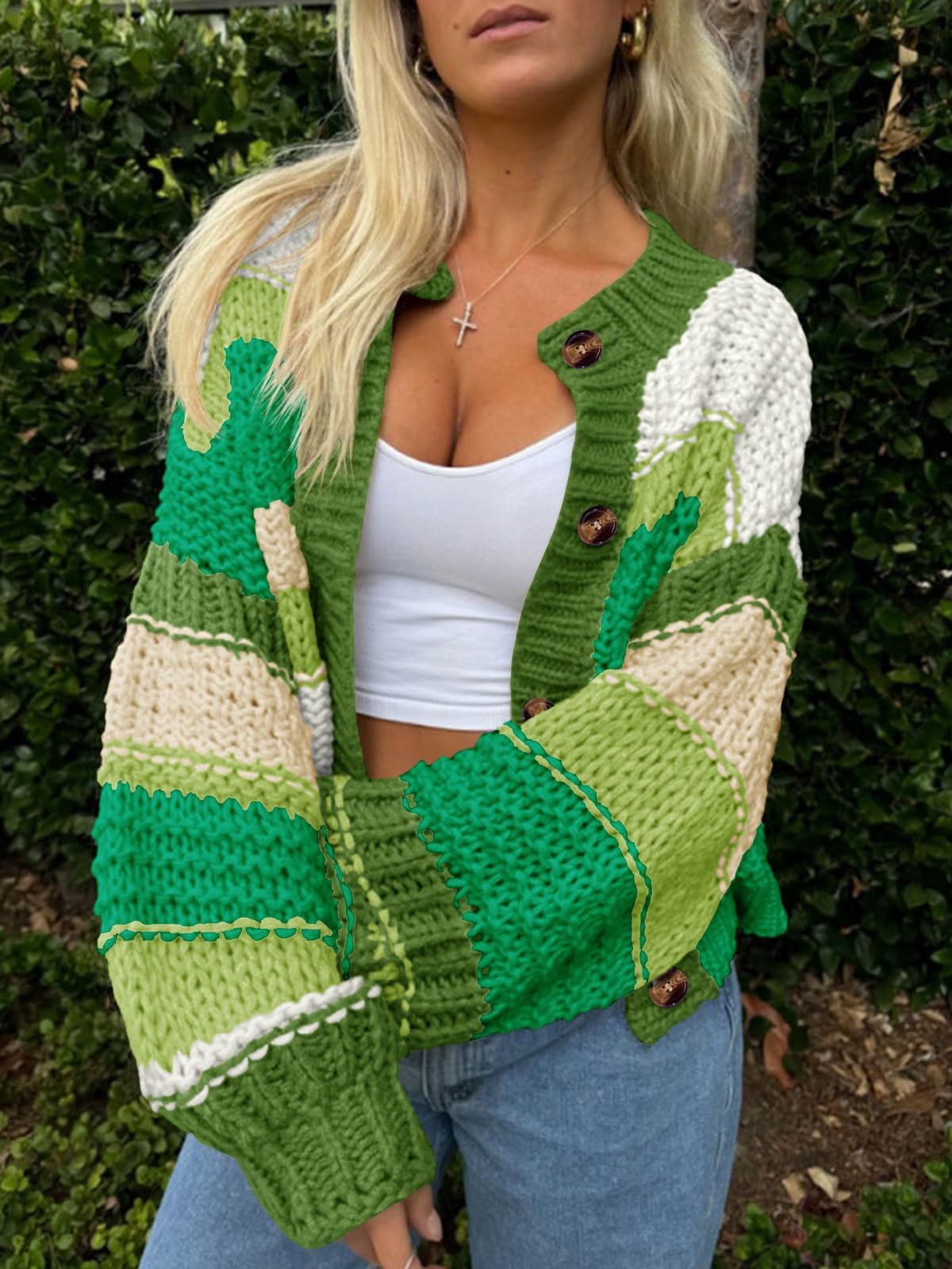 Foto 3 pulgar | Jersey Tipo Cárdigan Saodimallsu Para Mujer  A Rayas  Color Verde Bloque - Venta Internacional.