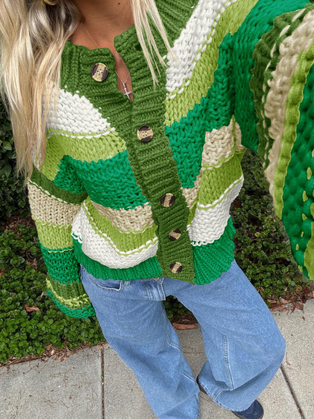 Foto 4 pulgar | Jersey Tipo Cárdigan Saodimallsu Para Mujer  A Rayas  Color Verde Bloque - Venta Internacional.