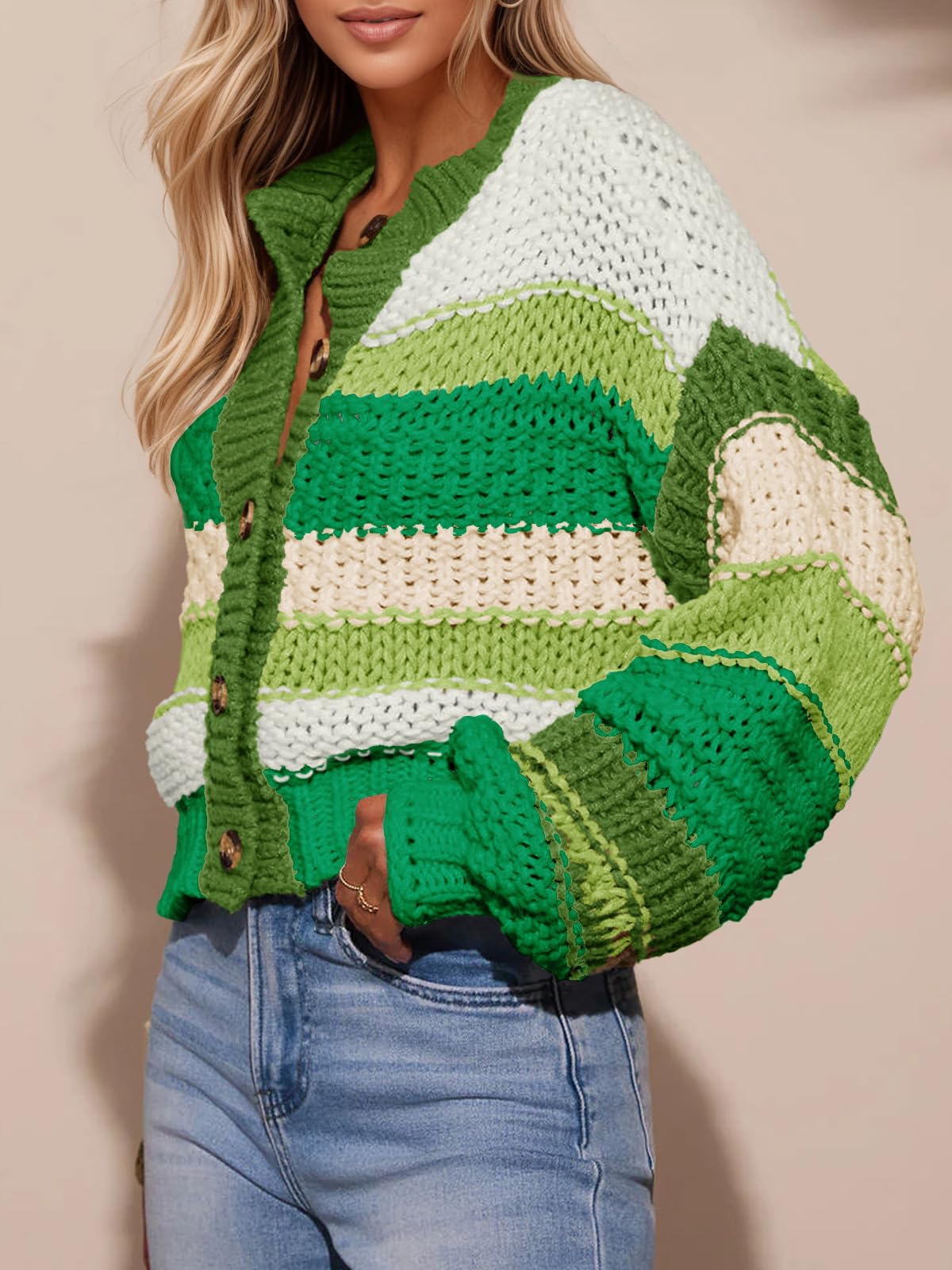 Foto 5 pulgar | Jersey Tipo Cárdigan Saodimallsu Para Mujer  A Rayas  Color Verde Bloque - Venta Internacional.