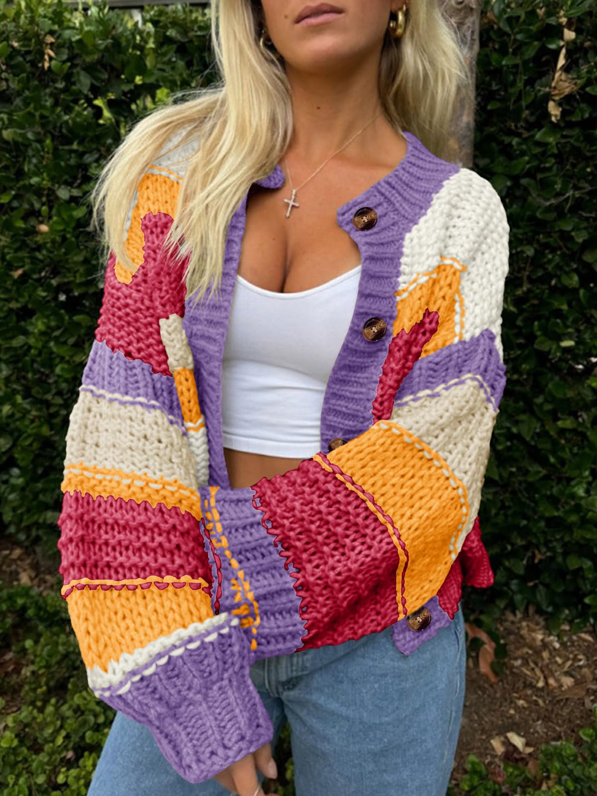 Foto 2 | Jersey Tipo Cárdigan Saodimallsu Para Mujer  A Rayas  Color Bloque - Venta Internacional.