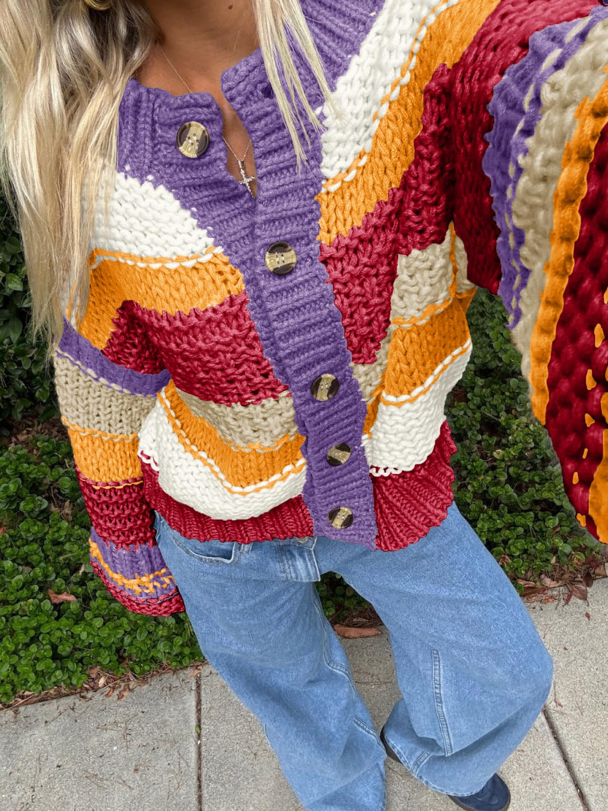 Foto 3 | Jersey Tipo Cárdigan Saodimallsu Para Mujer  A Rayas  Color Bloque - Venta Internacional.