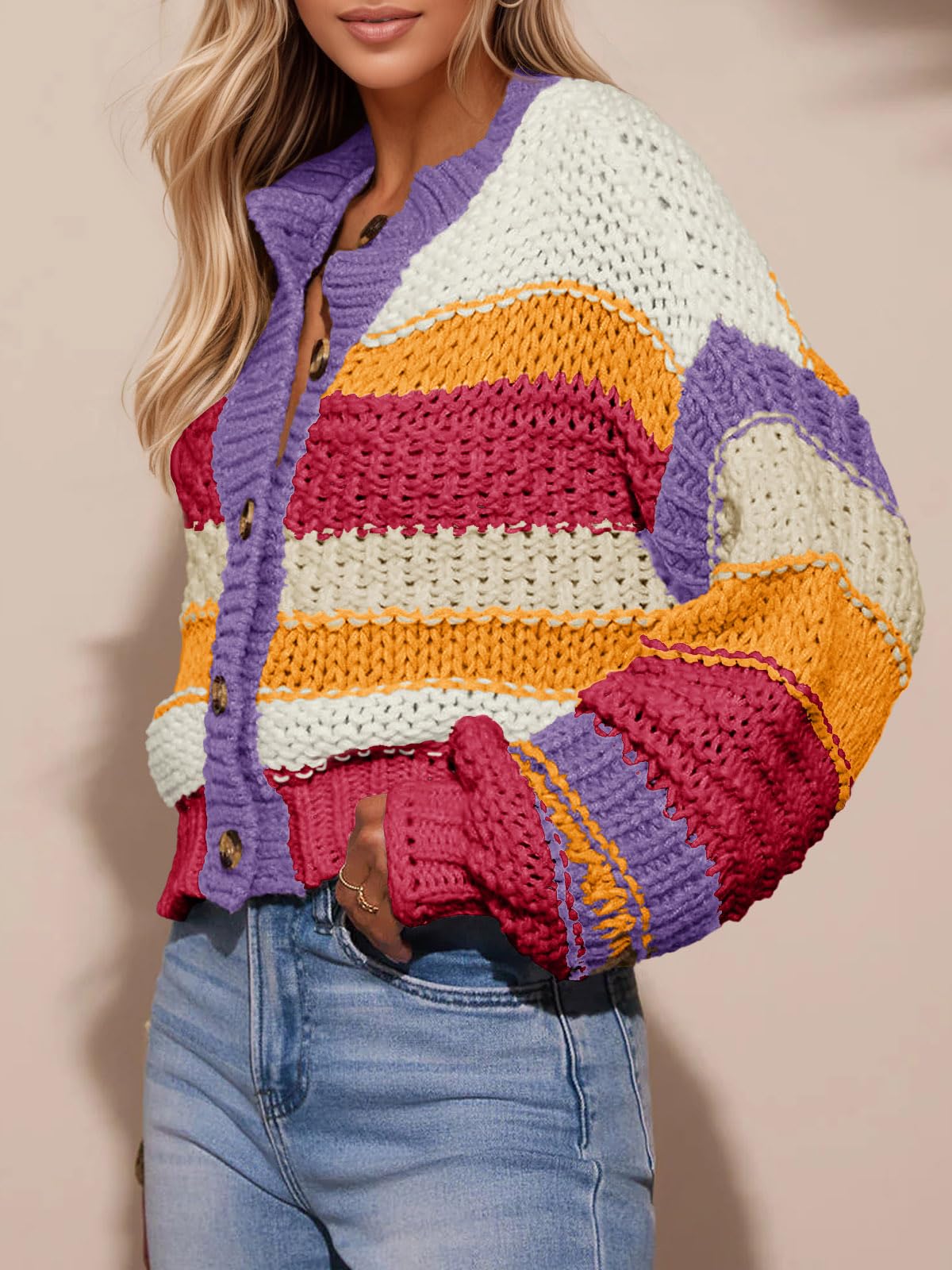 Foto 5 pulgar | Jersey Tipo Cárdigan Saodimallsu Para Mujer  A Rayas  Color Bloque - Venta Internacional.