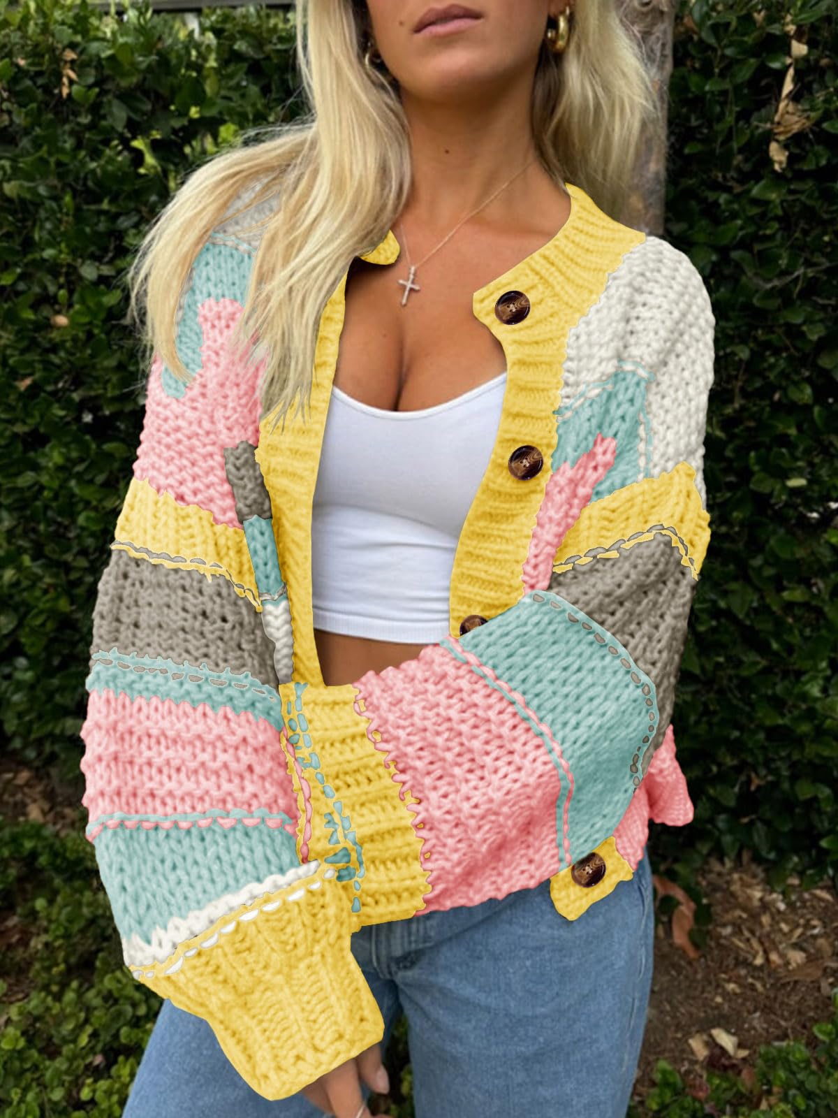 Foto 2 | Jersey Tipo Cárdigan Saodimallsu Para Mujer  A Rayas  Color Bloque - Venta Internacional.