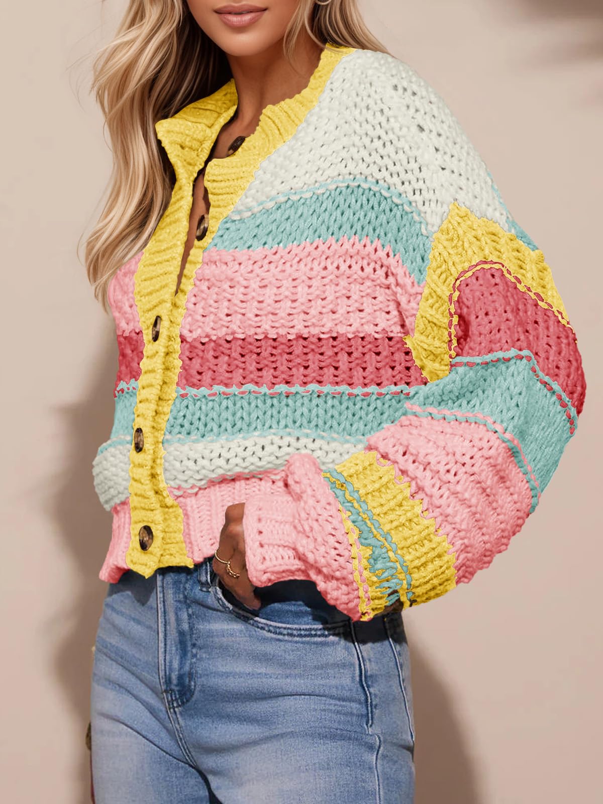 Foto 5 pulgar | Jersey Tipo Cárdigan Saodimallsu Para Mujer  A Rayas  Color Bloque - Venta Internacional.
