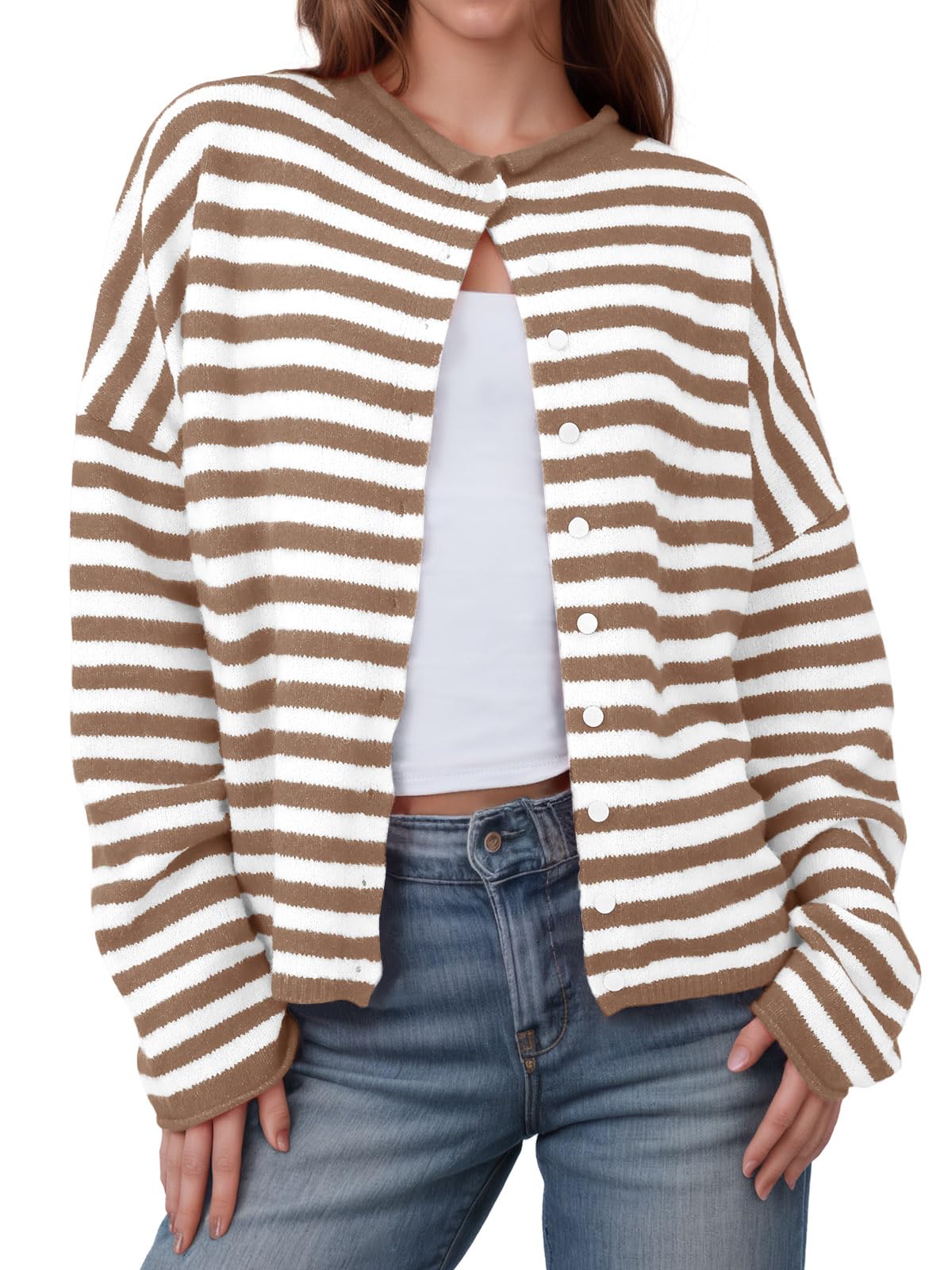 Foto 1 | Cárdigan Saodimallsu A Rayas Para Mujer  Casual  Ligero  Marrón - Venta Internacional.
