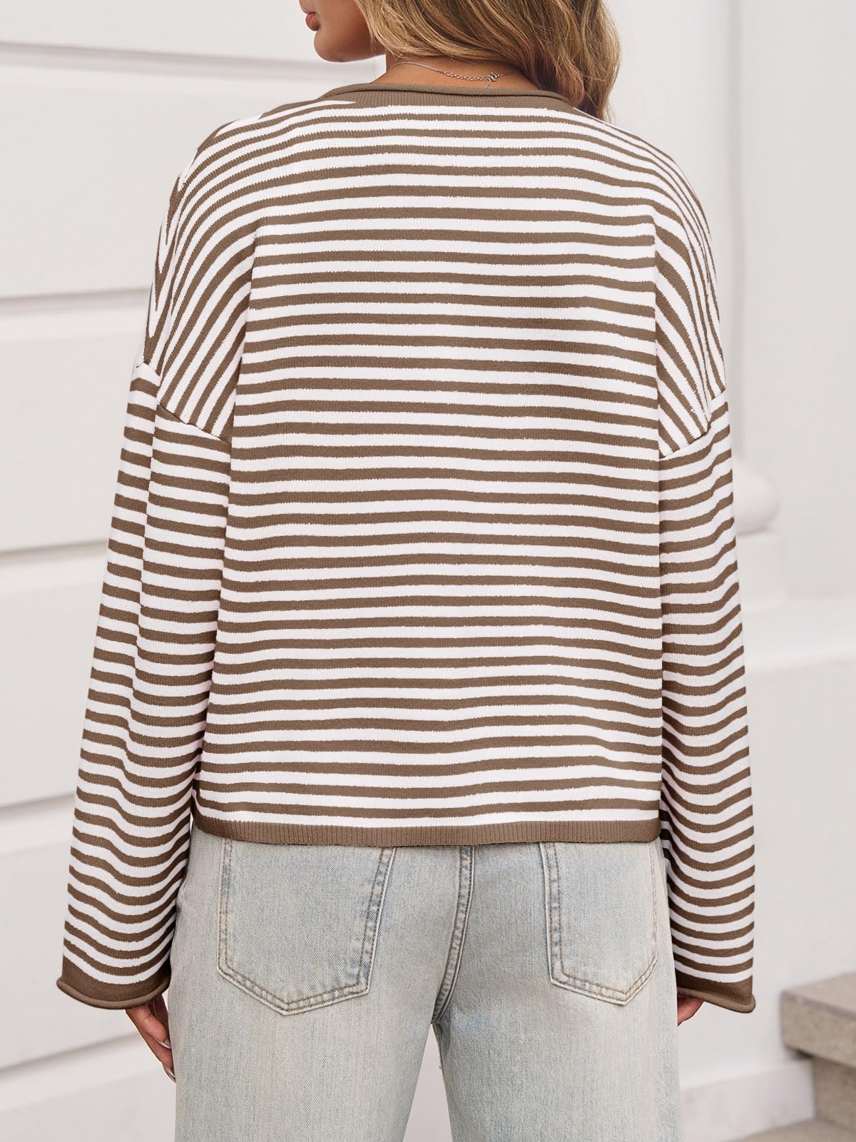 Foto 3 | Cárdigan Saodimallsu A Rayas Para Mujer  Casual  Ligero  Marrón - Venta Internacional.