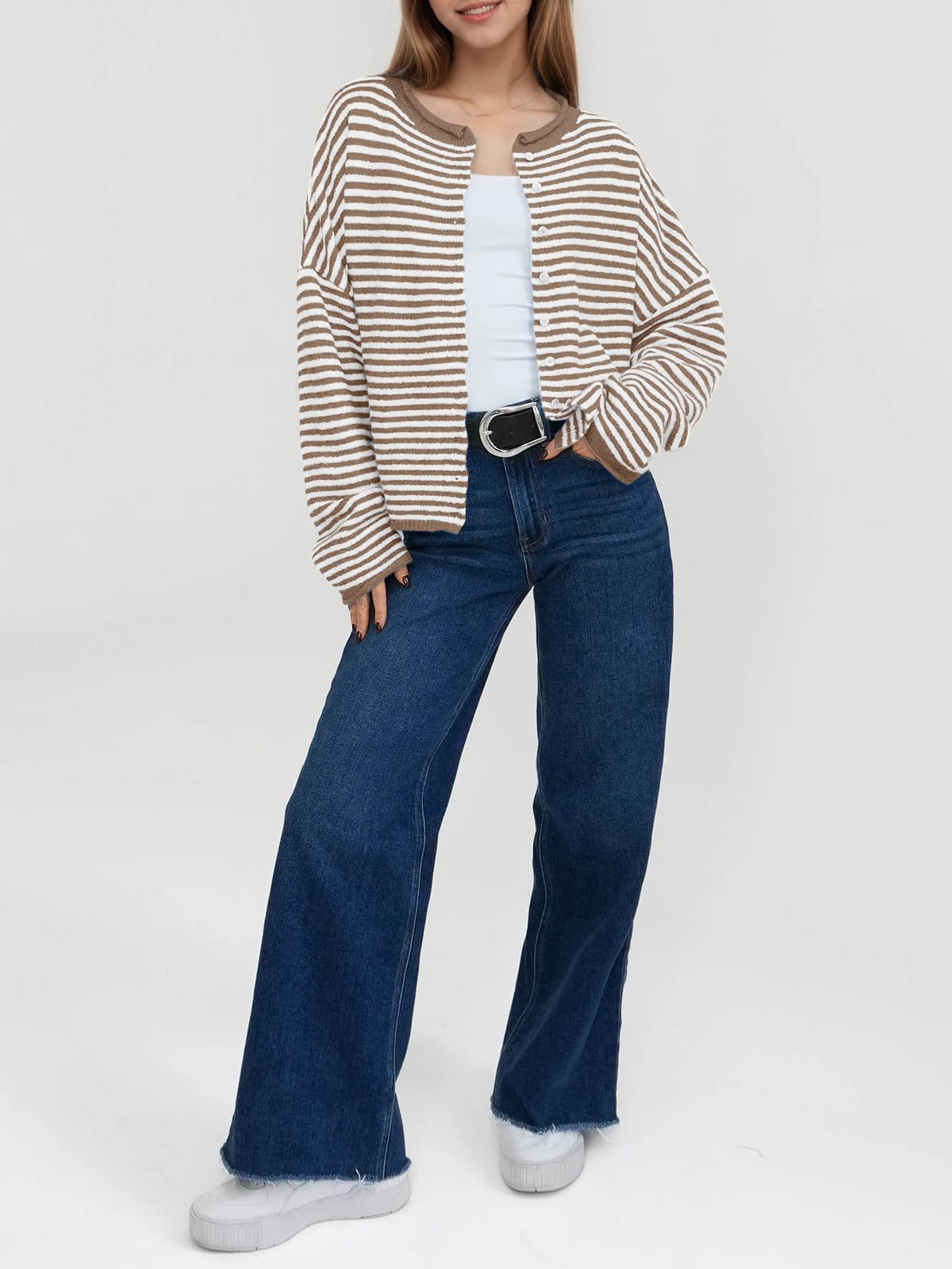 Foto 4 | Cárdigan Saodimallsu A Rayas Para Mujer  Casual  Ligero  Marrón - Venta Internacional.