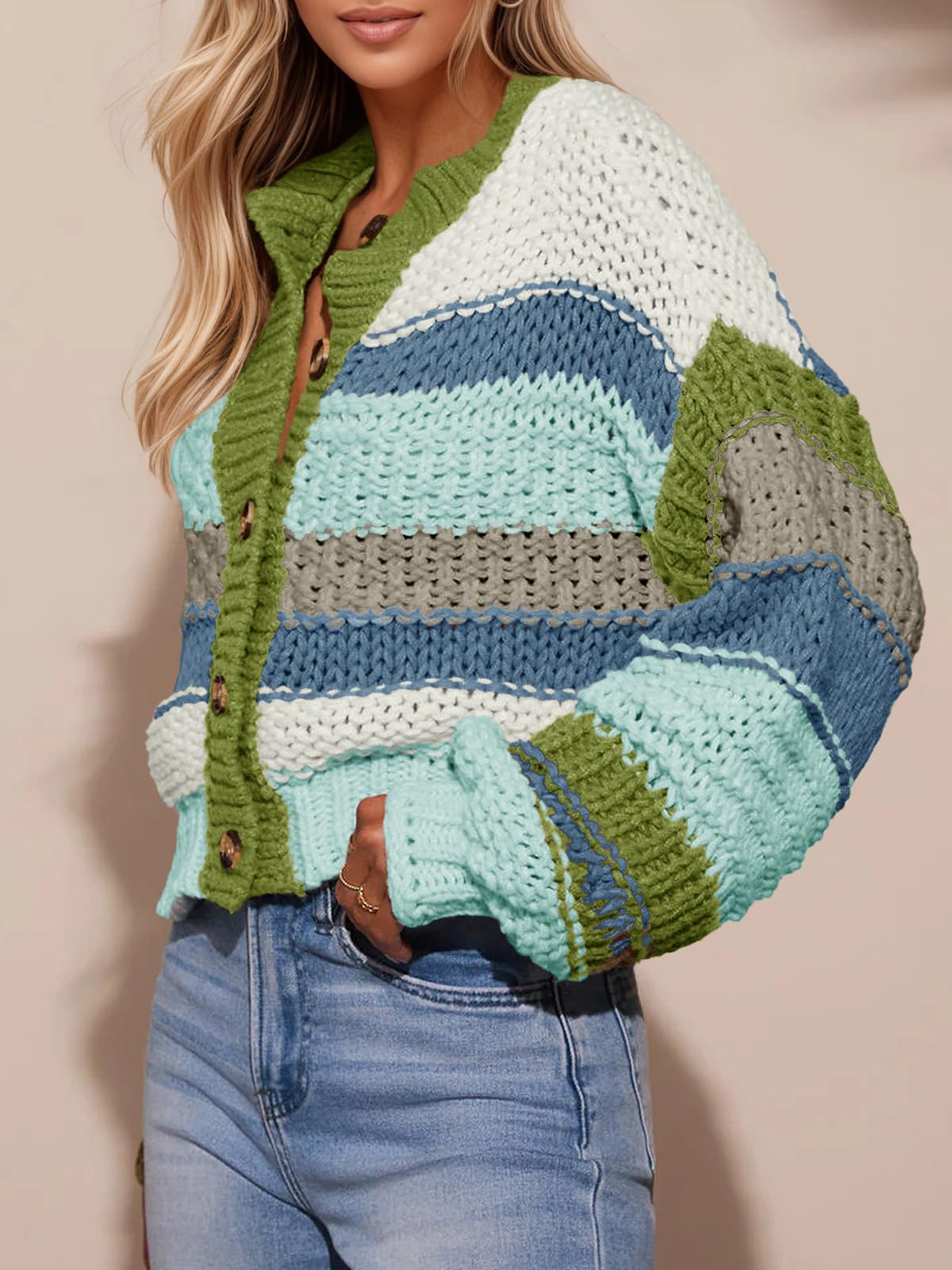 Foto 5 pulgar | Jersey Tipo Cárdigan Saodimallsu Para Mujer  A Rayas  Color Azul - Venta Internacional.