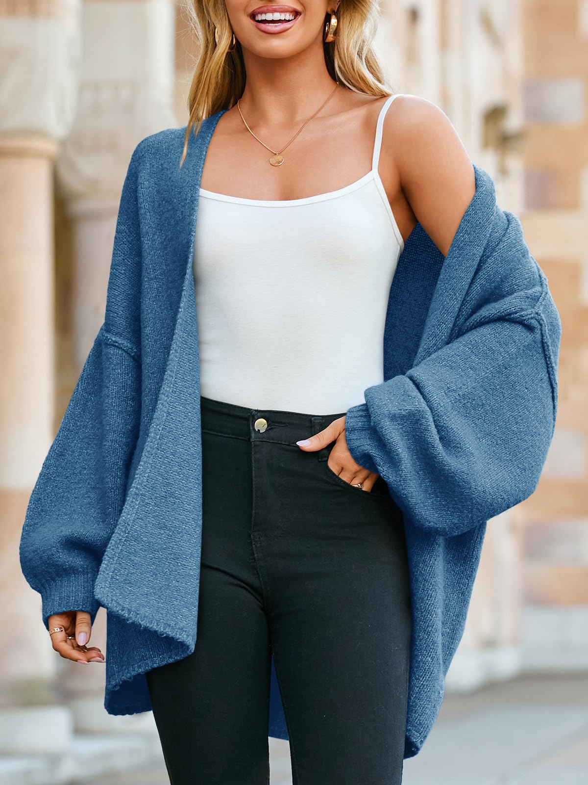 Foto 4 | Suéter Tipo Cárdigan Saodimallsu De Punto Grueso De Gran Tamaño Azul Para Mujer - Venta Internacional.