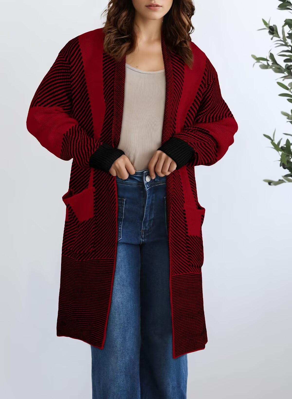 Foto 6 | Jersey Tipo Cárdigan  Elegante Y Grueso  Para Mujer  Color Rojo Oscuro  Talla L - Venta Internacional.