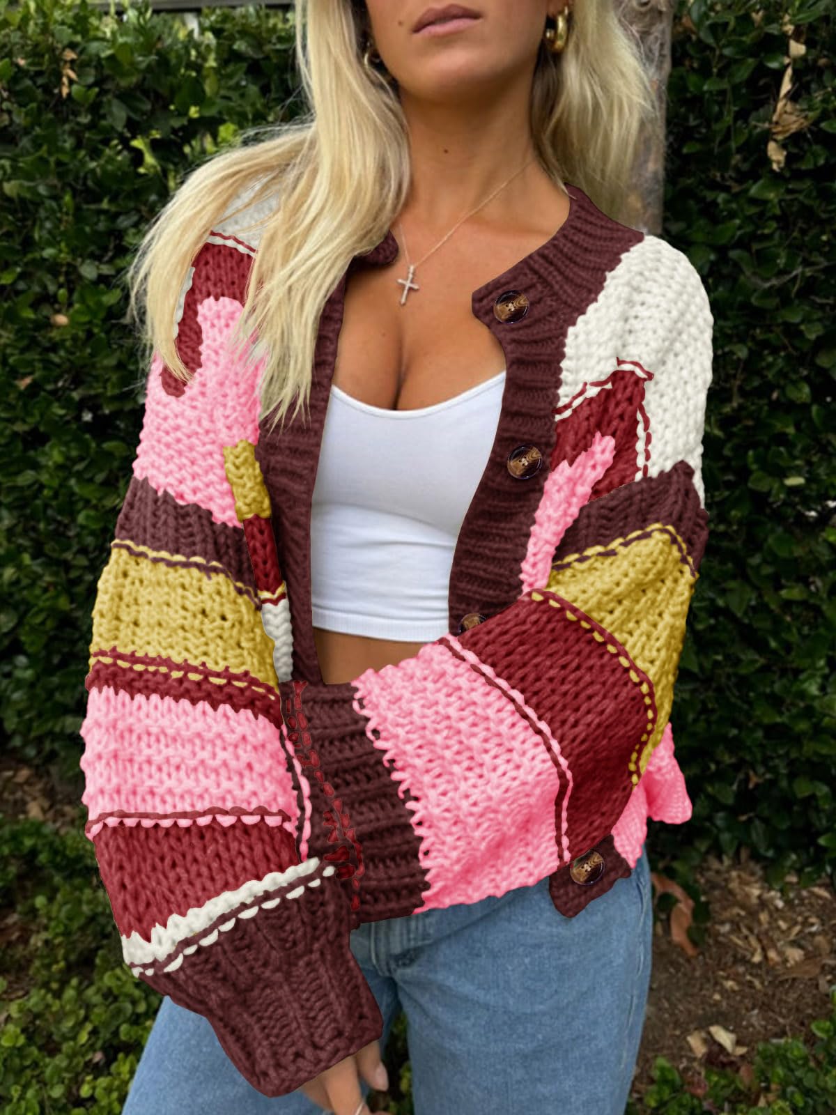 Foto 2 | Jersey Tipo Cárdigan Saodimallsu De Punto Grueso A Rayas Para Mujer - Venta Internacional.