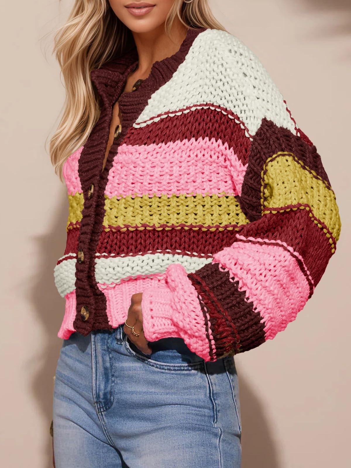 Foto 5 pulgar | Jersey Tipo Cárdigan Saodimallsu De Punto Grueso A Rayas Para Mujer - Venta Internacional.