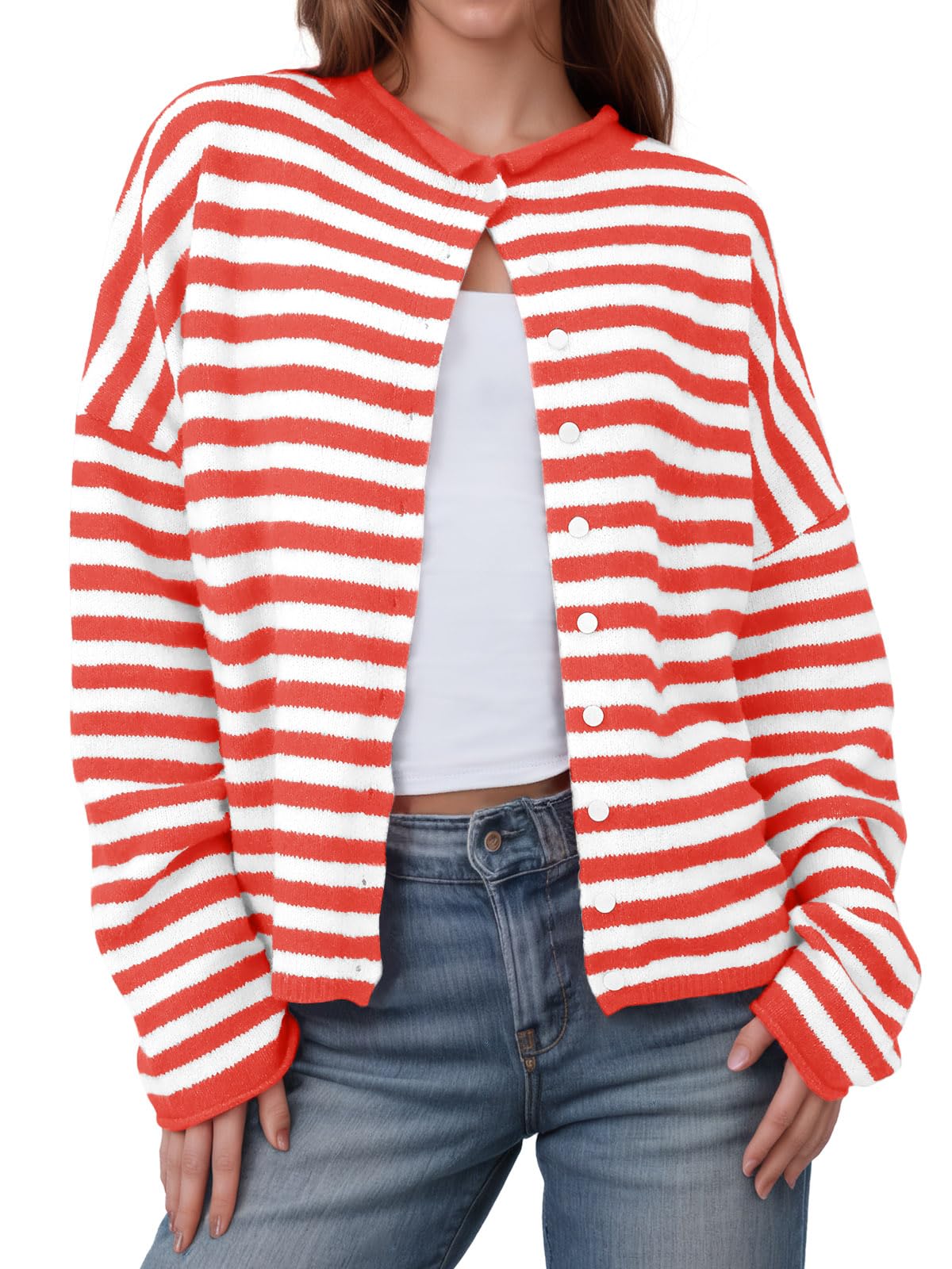 Foto 2 pulgar | Cárdigan Saodimallsu Para Mujer  Casual  Ligero  A Rayas  Rojo - Venta Internacional.