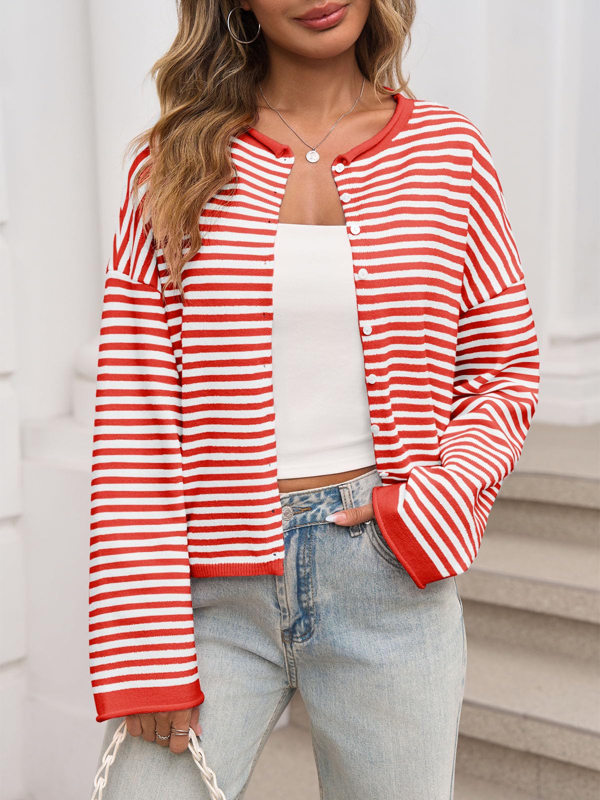 Foto 2 | Cárdigan Saodimallsu Para Mujer  Casual  Ligero  A Rayas  Rojo - Venta Internacional.