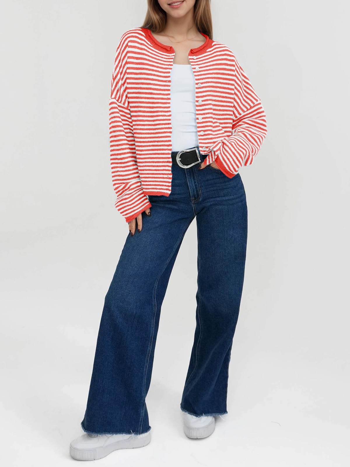 Foto 5 pulgar | Cárdigan Saodimallsu Para Mujer  Casual  Ligero  A Rayas  Rojo - Venta Internacional.