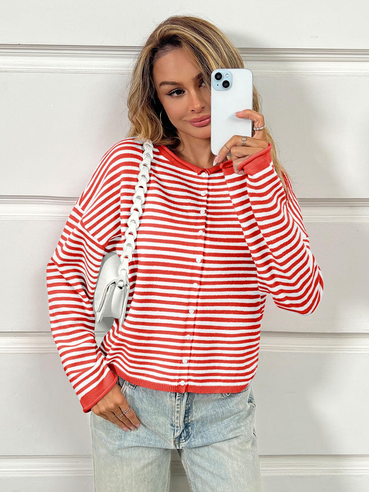 Foto 6 pulgar | Cárdigan Saodimallsu Para Mujer  Casual  Ligero  A Rayas  Rojo - Venta Internacional.