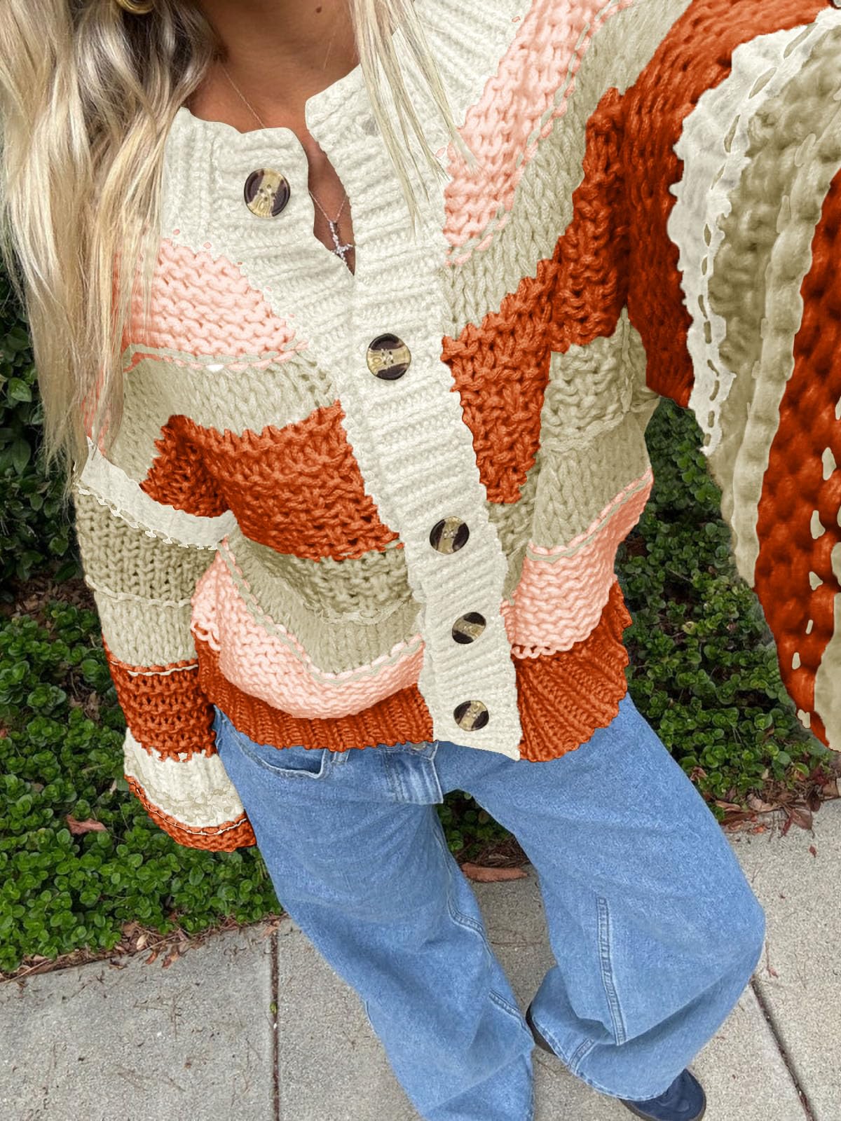 Foto 3 | Jersey Tipo Cárdigan Saodimallsu Para Mujer  A Rayas  Color Bloque - Venta Internacional.