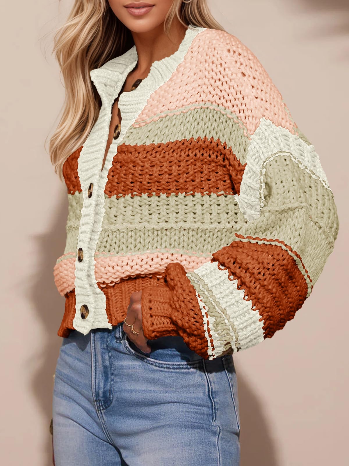 Foto 4 | Jersey Tipo Cárdigan Saodimallsu Para Mujer  A Rayas  Color Bloque - Venta Internacional.