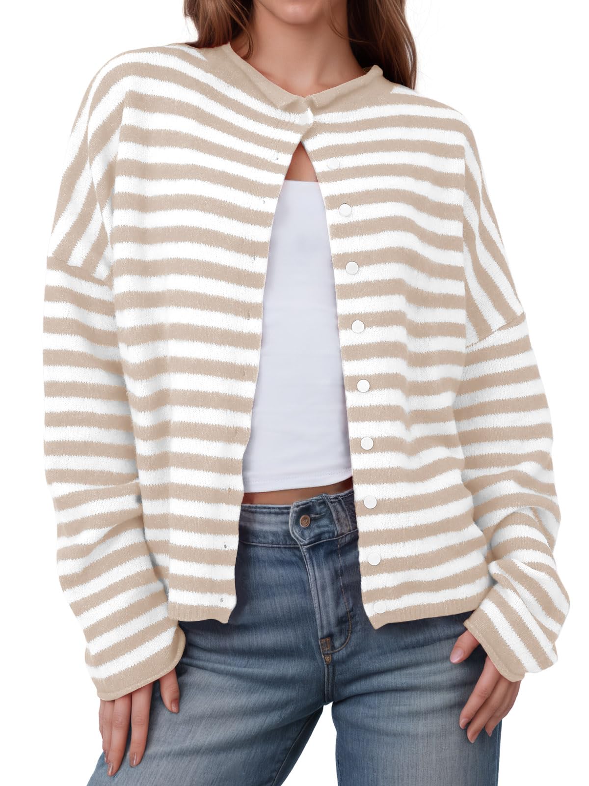 Foto 2 pulgar | Cárdigan Saodimallsu Para Mujer  Casual  Ligero  A Rayas  Beige - Venta Internacional.