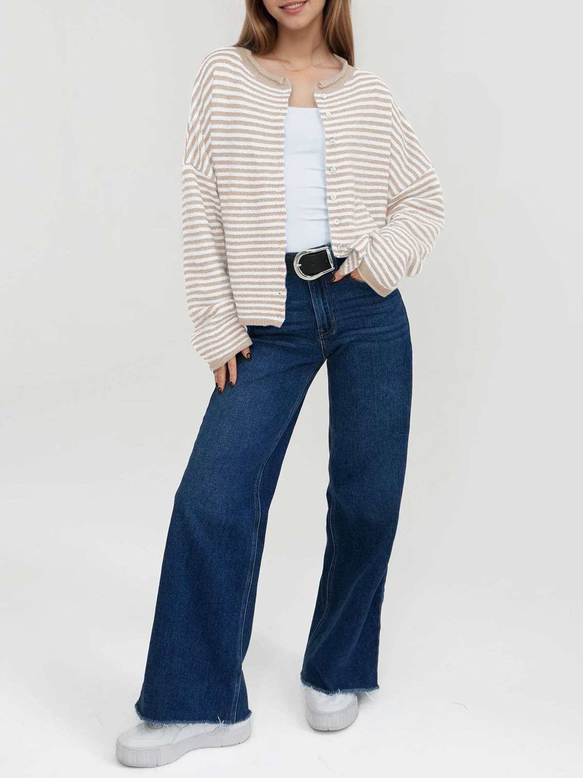 Foto 5 pulgar | Cárdigan Saodimallsu Para Mujer  Casual  Ligero  A Rayas  Beige - Venta Internacional.