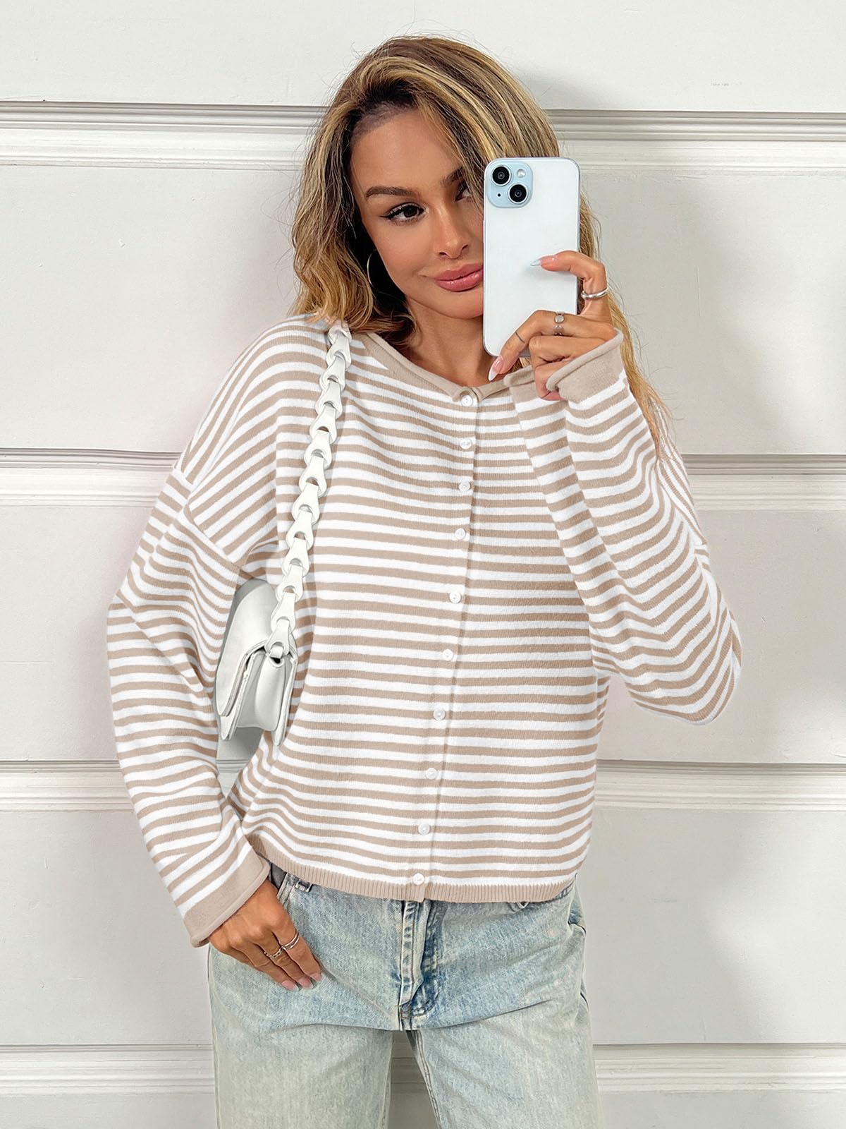 Foto 6 pulgar | Cárdigan Saodimallsu Para Mujer  Casual  Ligero  A Rayas  Beige - Venta Internacional.