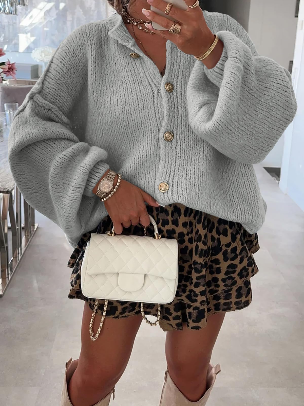 Foto 2 | Jersey Tipo Cárdigan Saodimallsu De Punto Grueso De Gran Tamaño Gris Para Mujer - Venta Internacional.