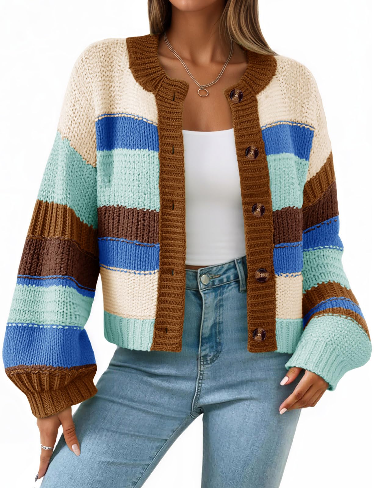Jersey Tipo Cárdigan Saodimallsu Para Mujer  A Rayas  Color Bloque - Venta Internacional.