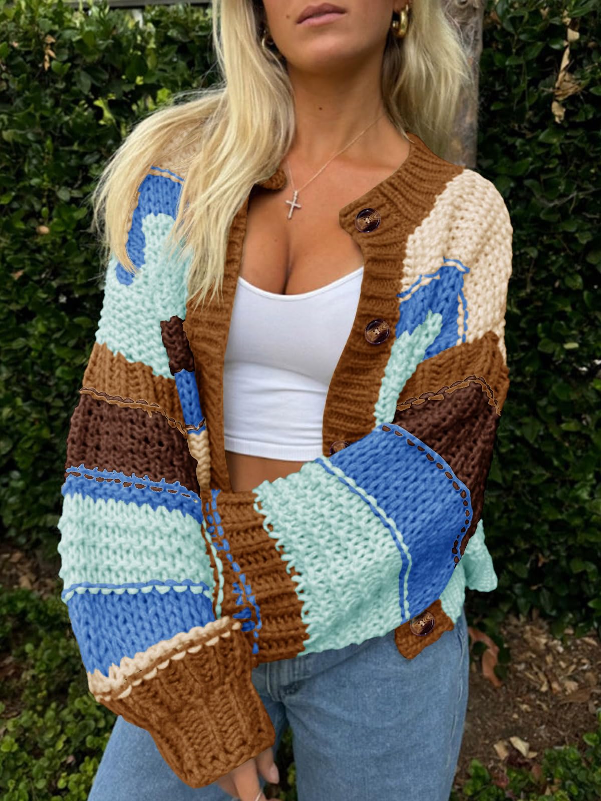 Foto 2 | Jersey Tipo Cárdigan Saodimallsu Para Mujer  A Rayas  Color Bloque - Venta Internacional.
