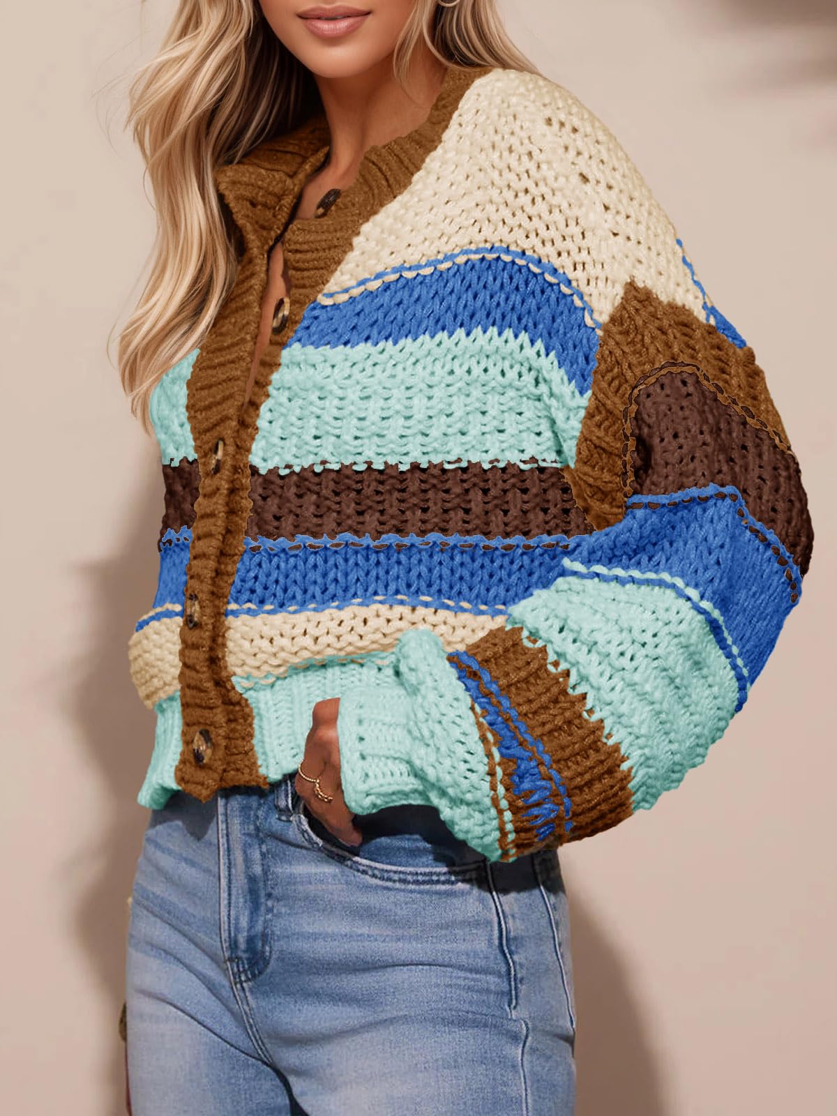 Foto 4 | Jersey Tipo Cárdigan Saodimallsu Para Mujer  A Rayas  Color Bloque - Venta Internacional.