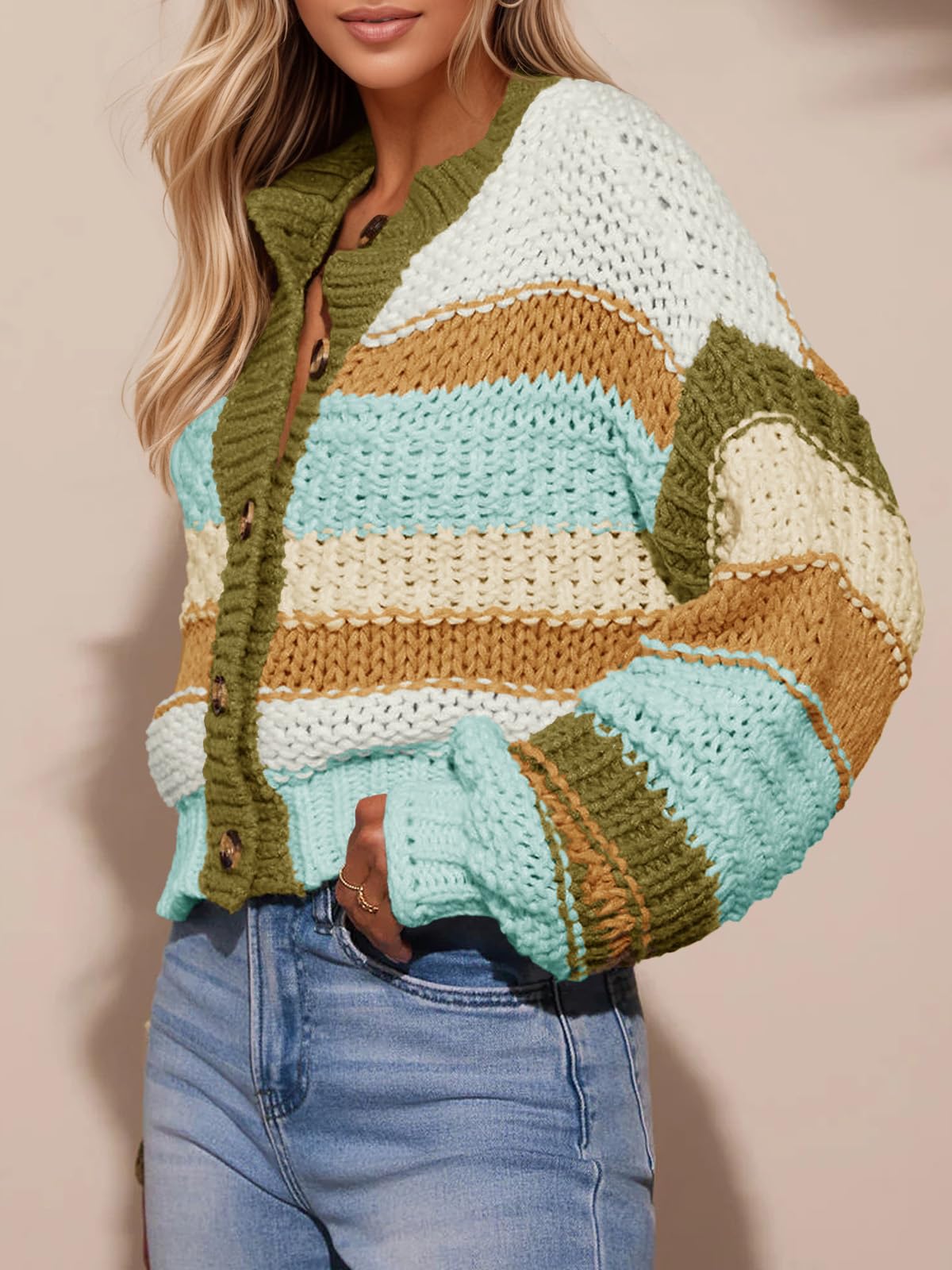 Foto 5 pulgar | Jersey Tipo Cárdigan Saodimallsu Para Mujer  A Rayas  Color Marrón - Venta Internacional.