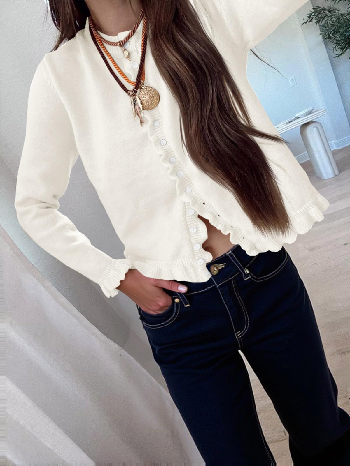 Foto 2 | Jersey Tipo Cárdigan Saodimallsu Para Mujer Con Volantes Y Botones  Color Blanco - Venta Internacional.