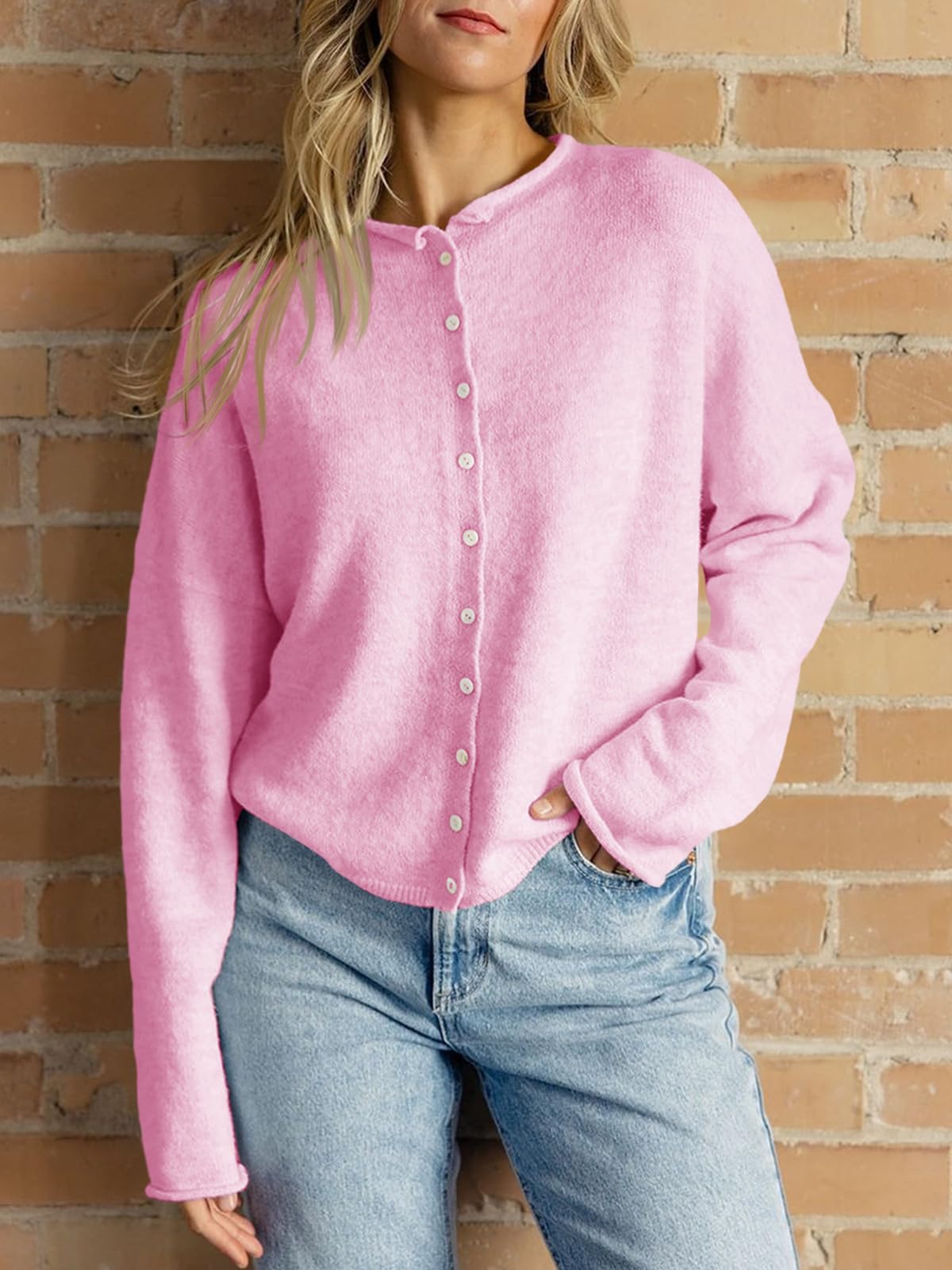 Foto 3 pulgar | Jersey Tipo Cárdigan Saodimallsu De Punto Rosa Con Botones Para Mujer - Venta Internacional.