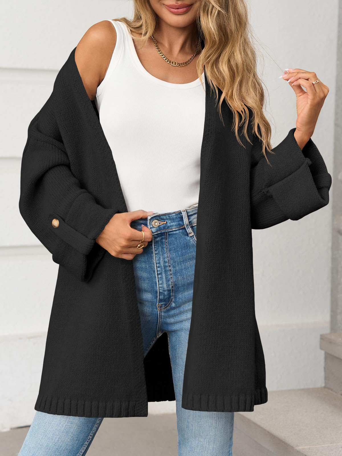 Foto 2 | Jersey Tipo Cárdigan Saodimallsu Para Mujer  De Gran Tamaño  Largo  Negro - Venta Internacional.