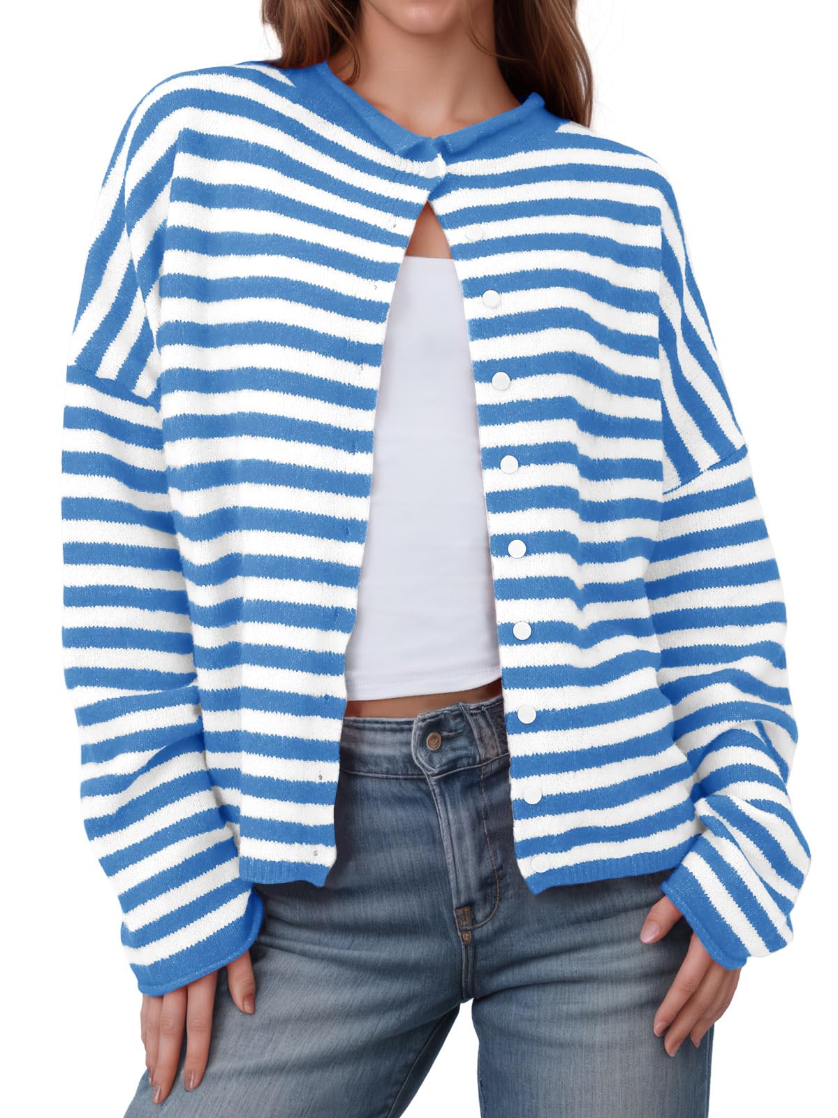 Foto 2 pulgar | Cárdigan Saodimallsu Para Mujer  Casual  A Rayas  Ligero  Azul - Venta Internacional.