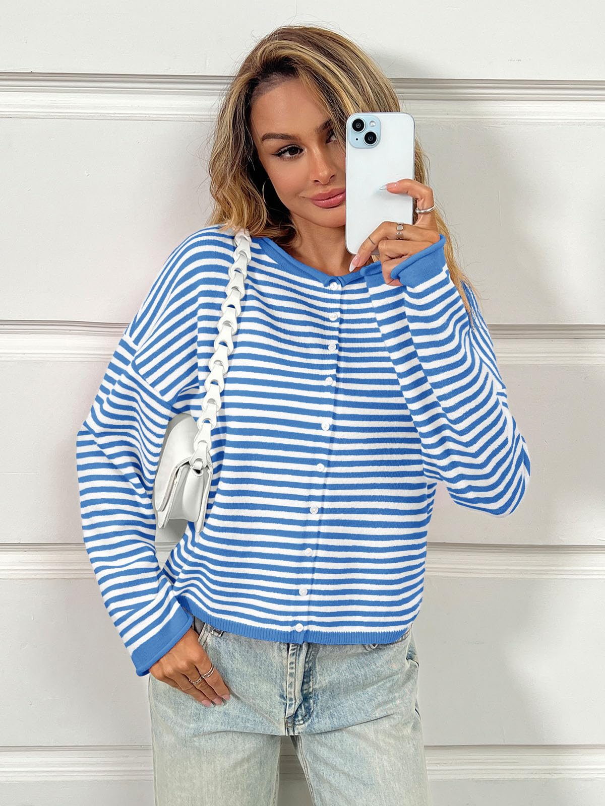 Foto 5 | Cárdigan Saodimallsu Para Mujer  Casual  A Rayas  Ligero  Azul - Venta Internacional.