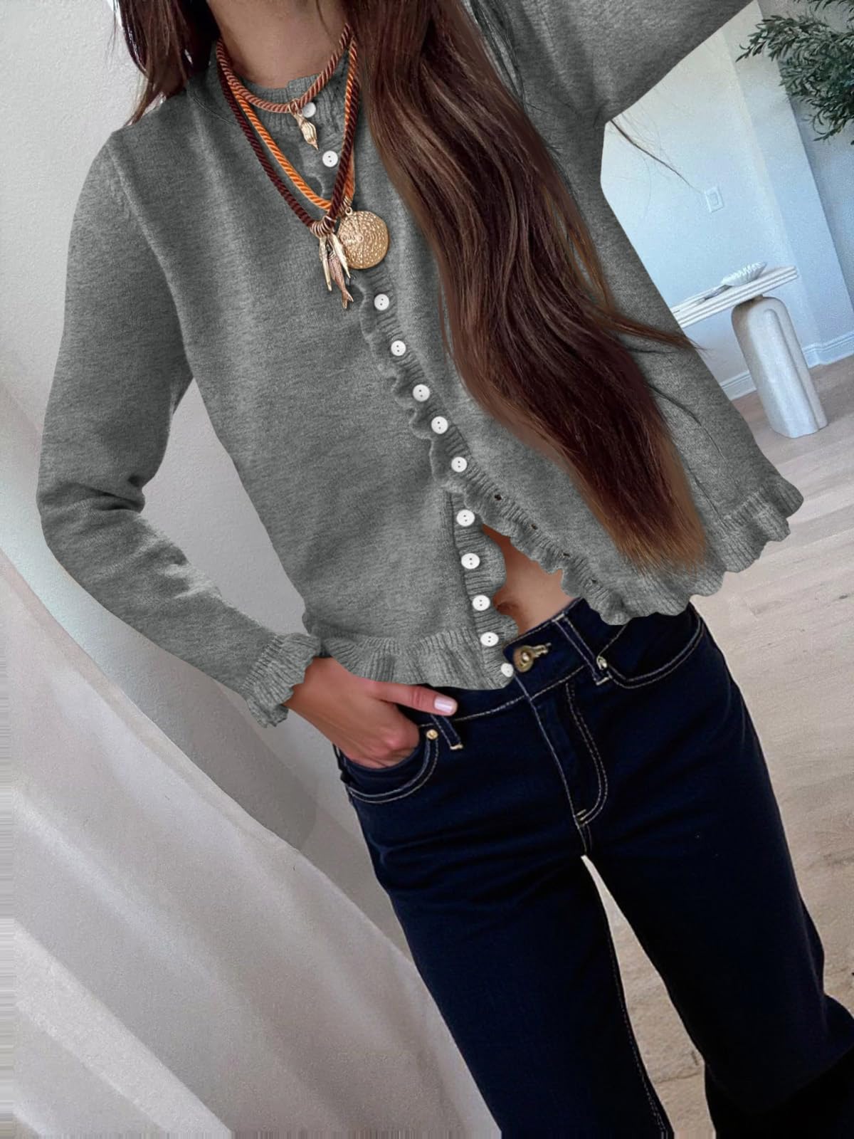 Foto 2 | Jersey Tipo Cárdigan Saodimallsu Para Mujer  Con Volantes Y Botones  Gris - Venta Internacional.
