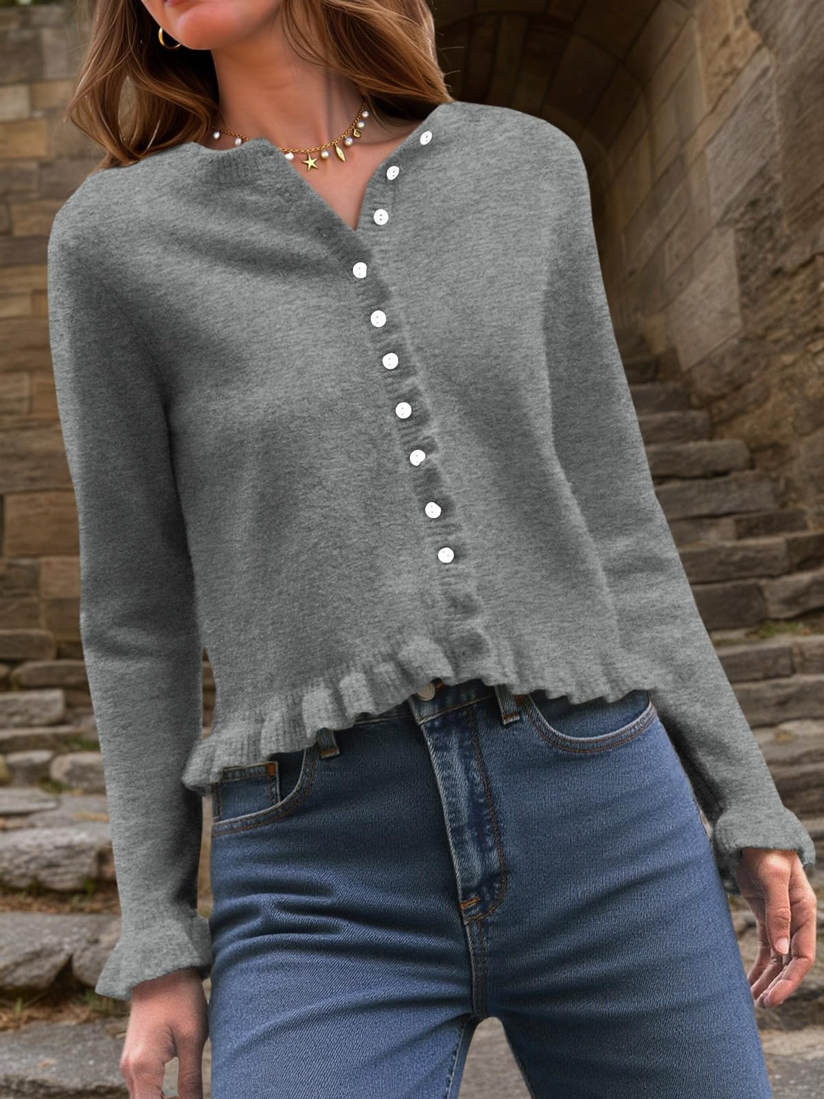 Foto 3 | Jersey Tipo Cárdigan Saodimallsu Para Mujer  Con Volantes Y Botones  Gris - Venta Internacional.