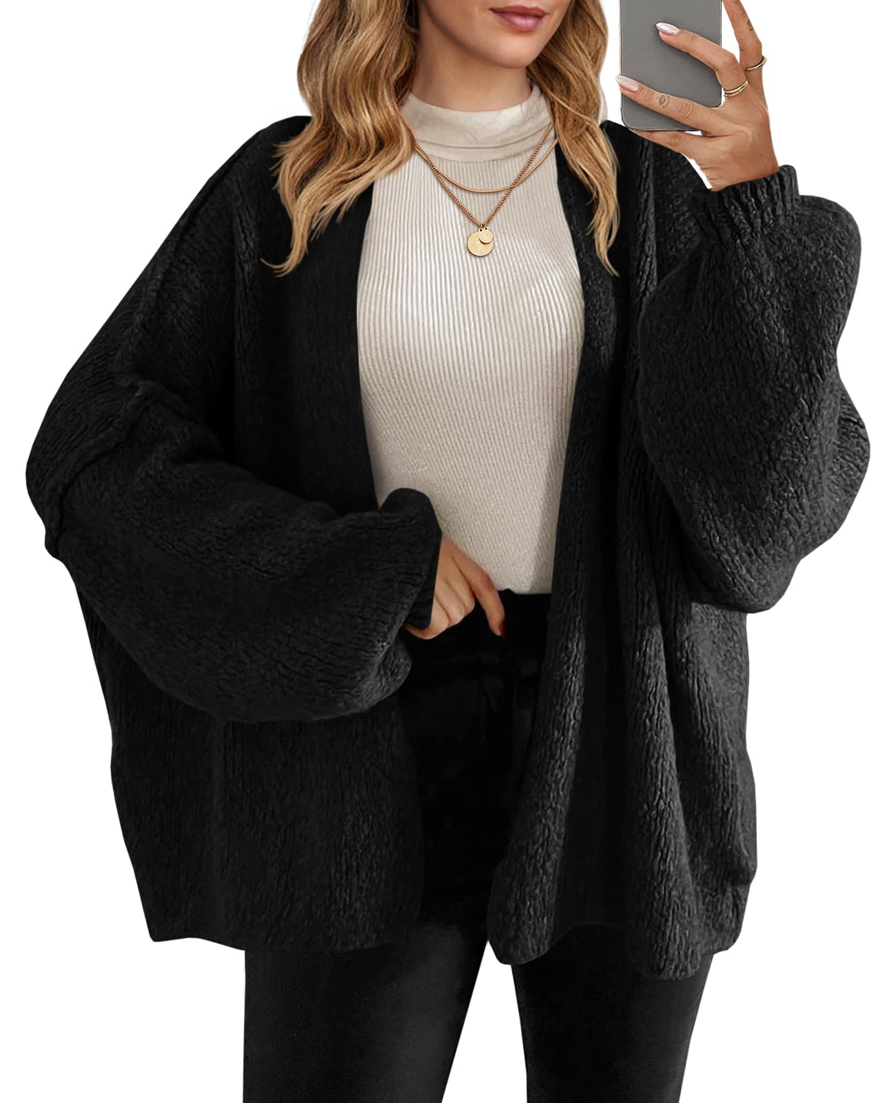 Foto 2 pulgar | Jersey Tipo Cárdigan Saodimallsu De Punto Grueso De Gran Tamaño Negro Para Mujer - Venta Internacional.