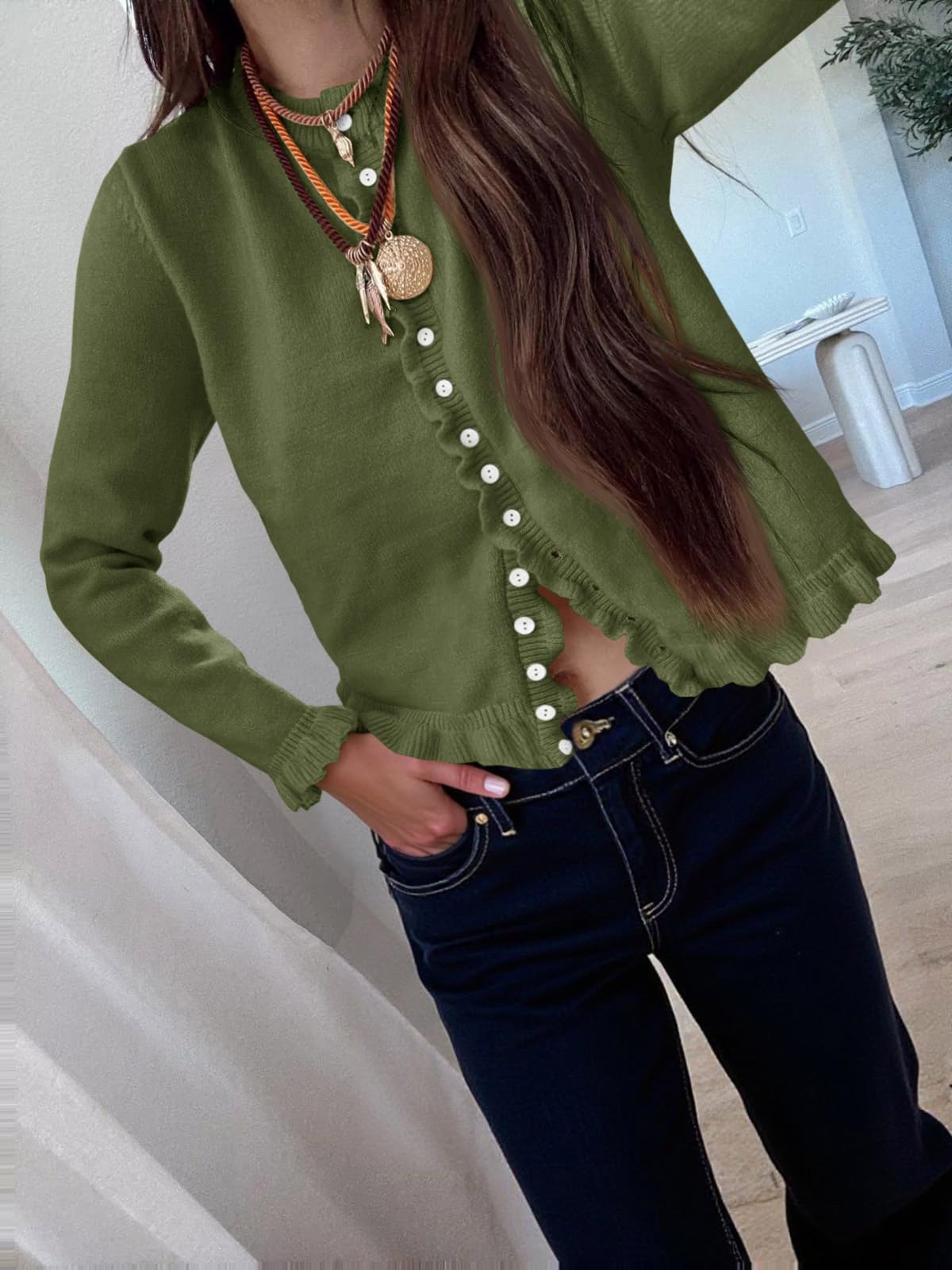 Foto 3 pulgar | Jersey Tipo Cárdigan Saodimallsu Para Mujer  Con Volantes Y Botones  Color Verde - Venta Internacional.