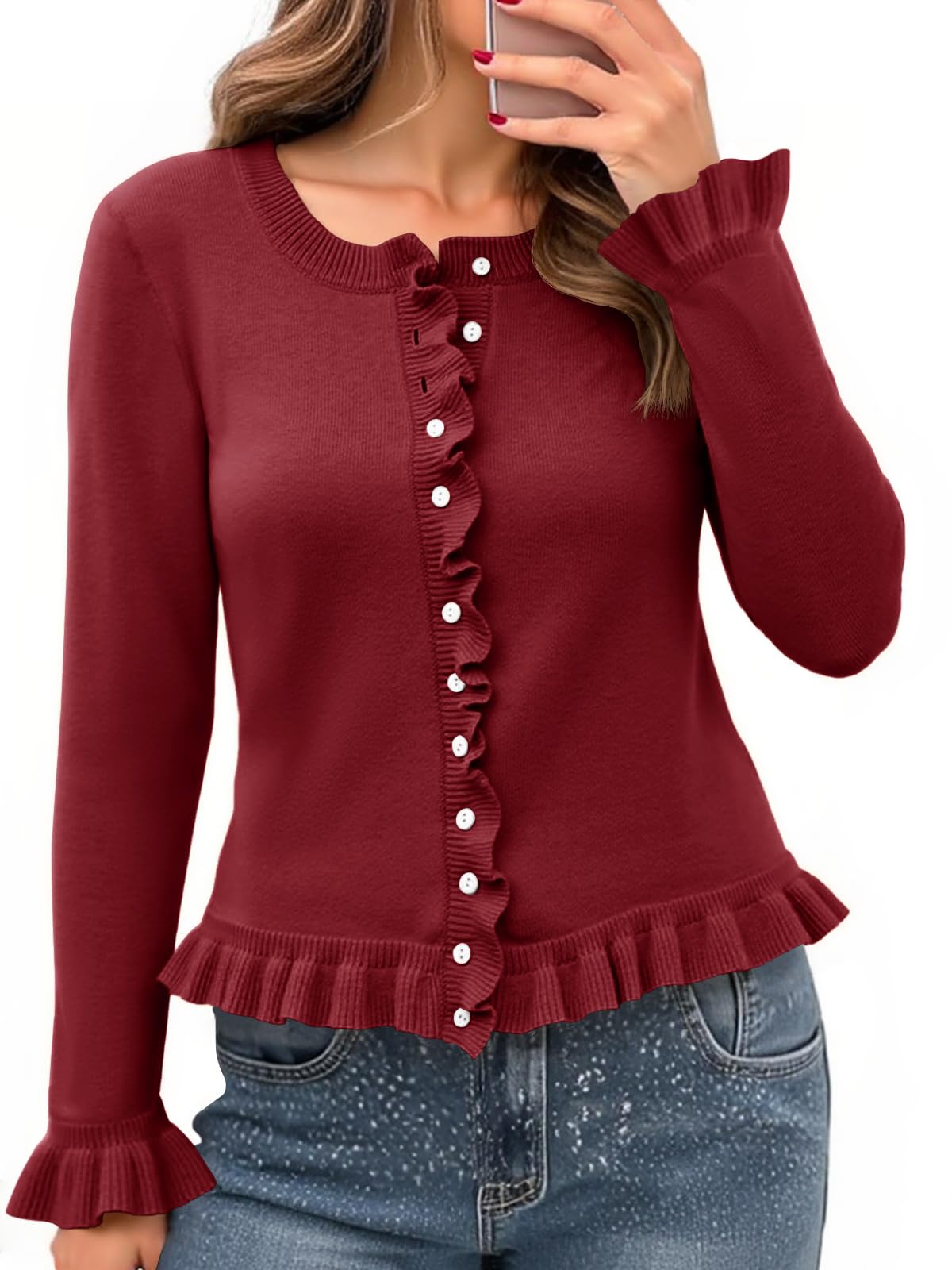 Foto 1 | Jersey Tipo Cárdigan Saodimallsu Para Mujer  Con Volantes Y Botones  Color Burdeos - Venta Internacional.