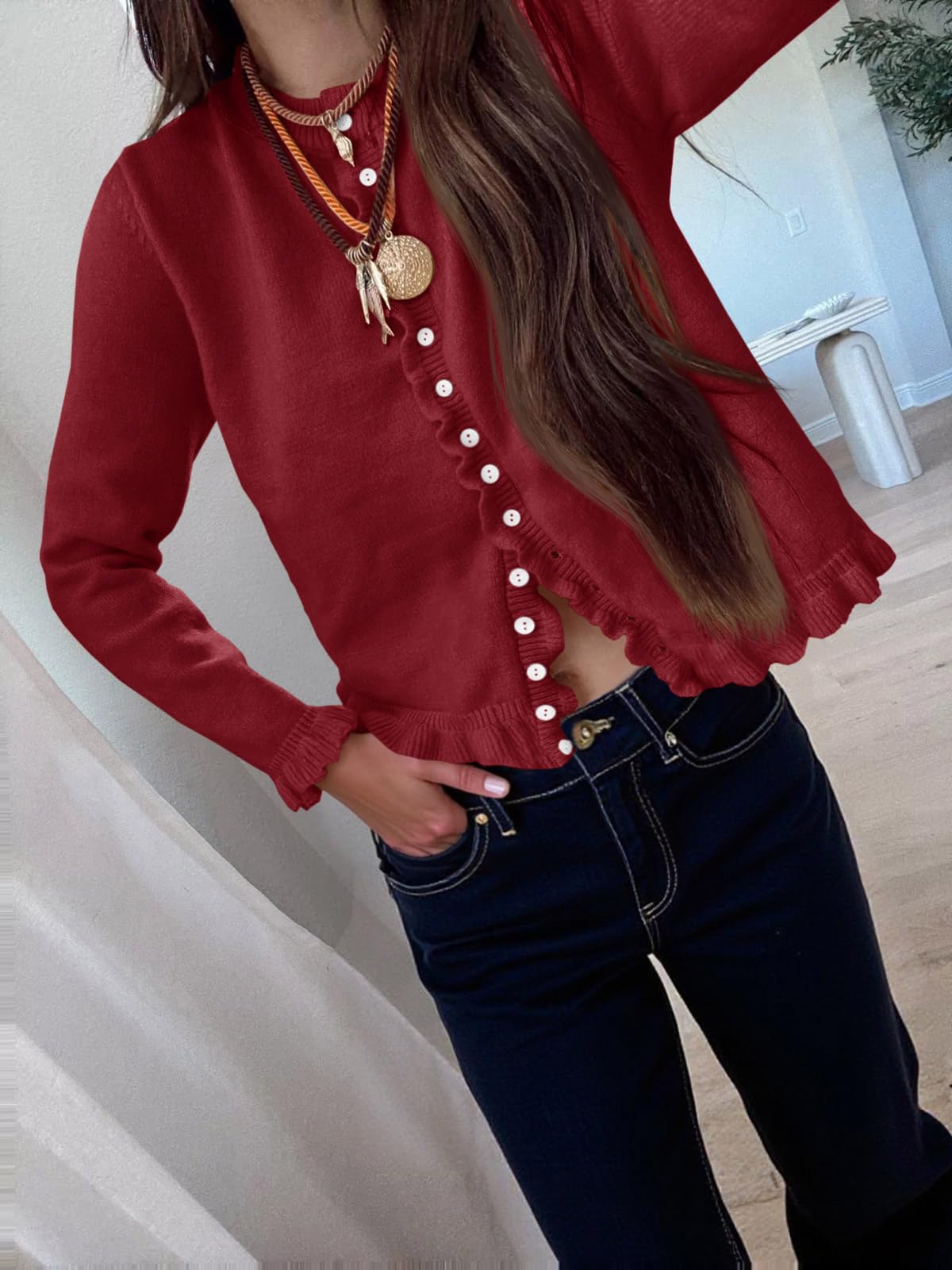 Foto 2 | Jersey Tipo Cárdigan Saodimallsu Para Mujer  Con Volantes Y Botones  Color Burdeos - Venta Internacional.