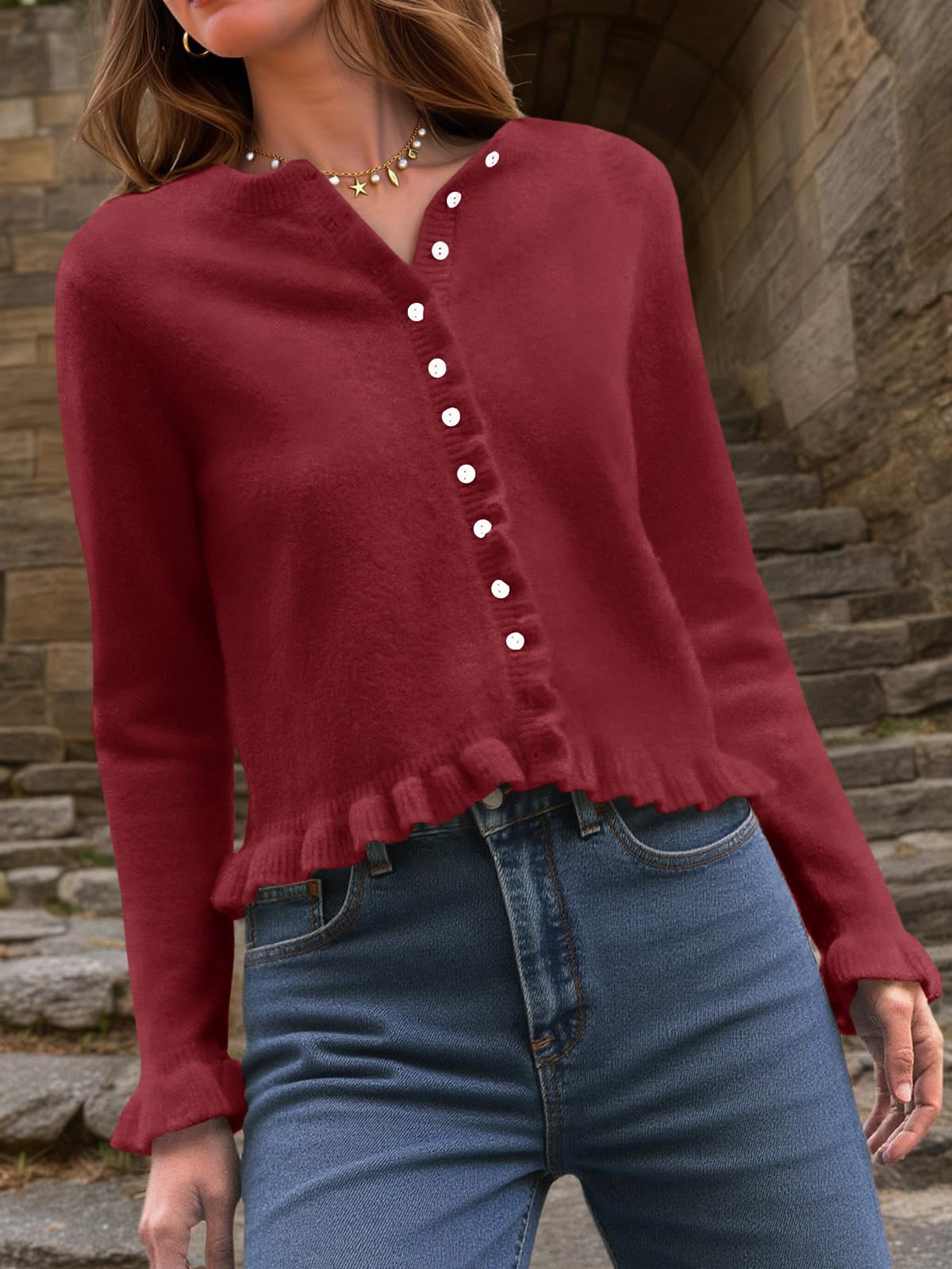 Foto 3 | Jersey Tipo Cárdigan Saodimallsu Para Mujer  Con Volantes Y Botones  Color Burdeos - Venta Internacional.