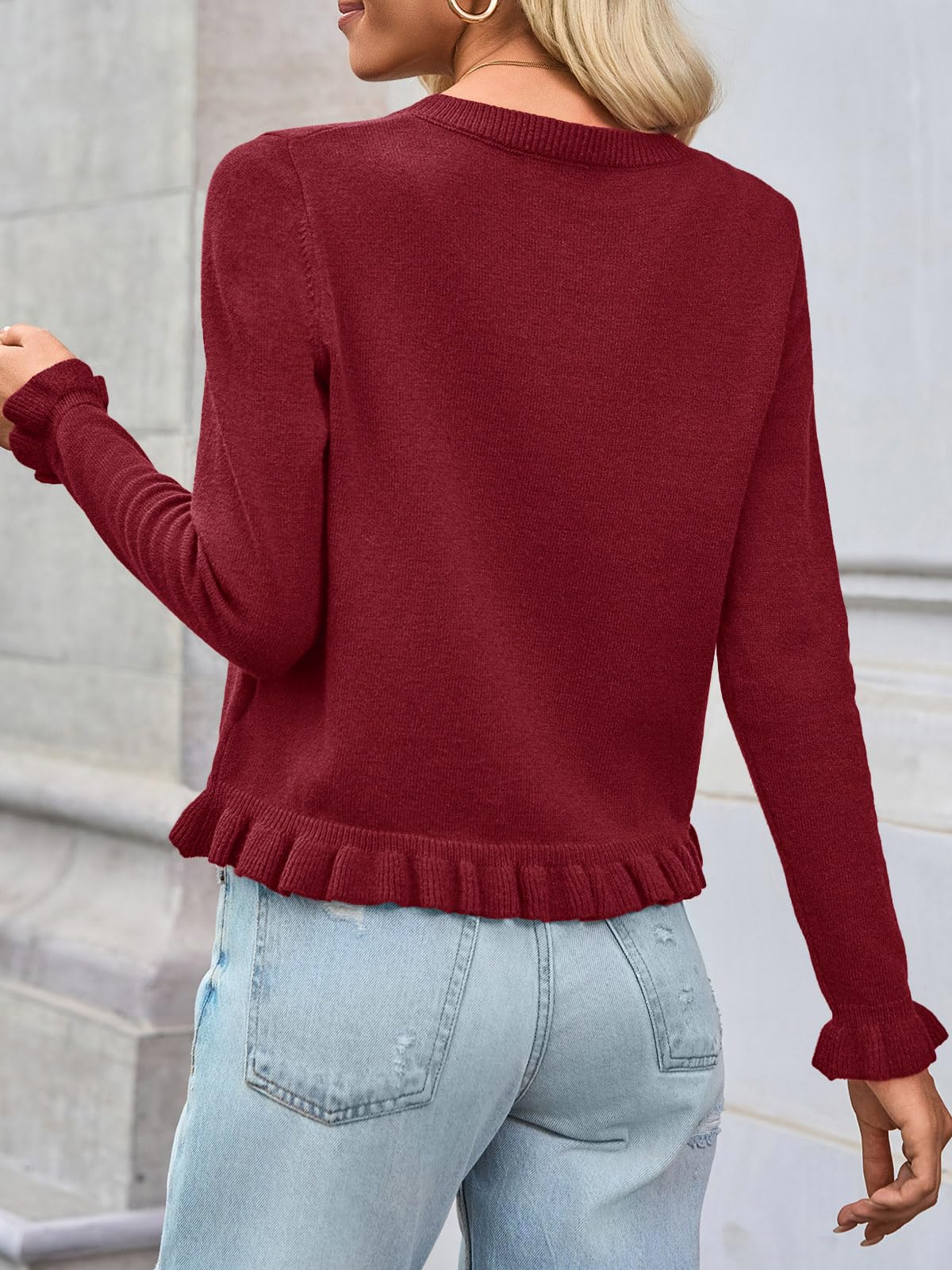 Foto 5 pulgar | Jersey Tipo Cárdigan Saodimallsu Para Mujer  Con Volantes Y Botones  Color Burdeos - Venta Internacional.