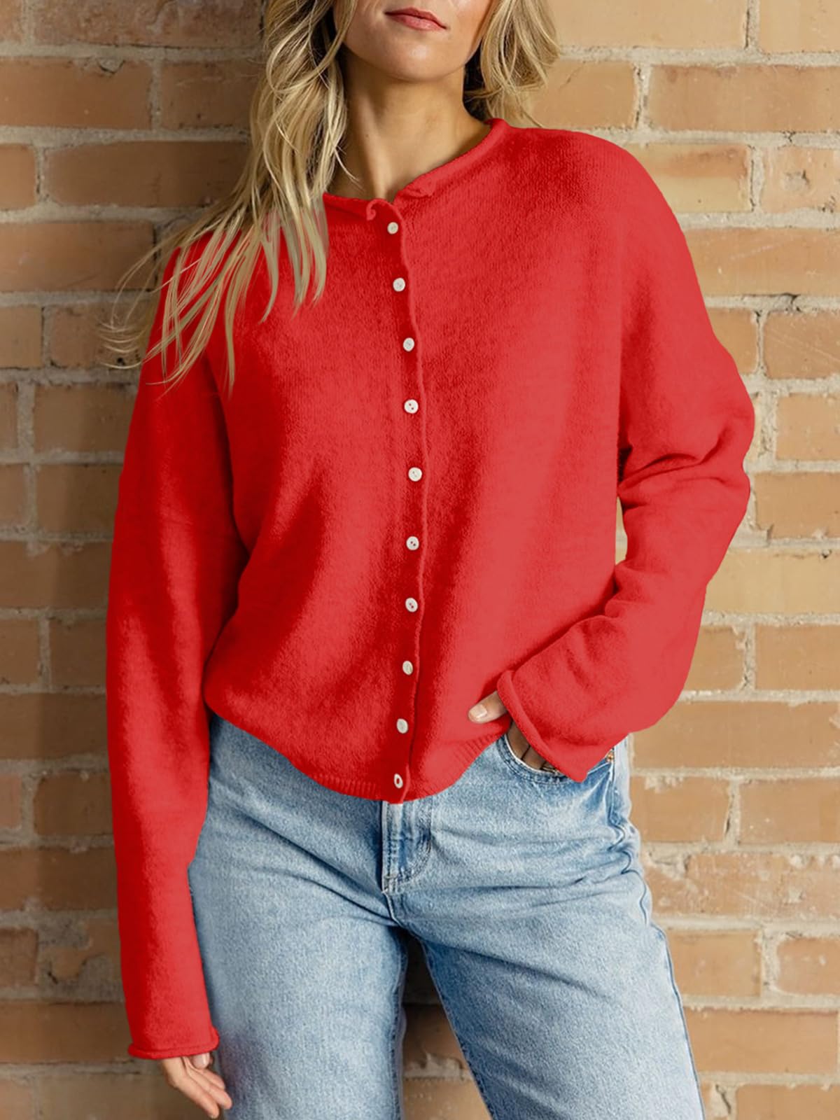 Foto 3 pulgar | Jersey Tipo Cárdigan Saodimallsu De Punto Rojo Con Botones Para Mujer - Venta Internacional.